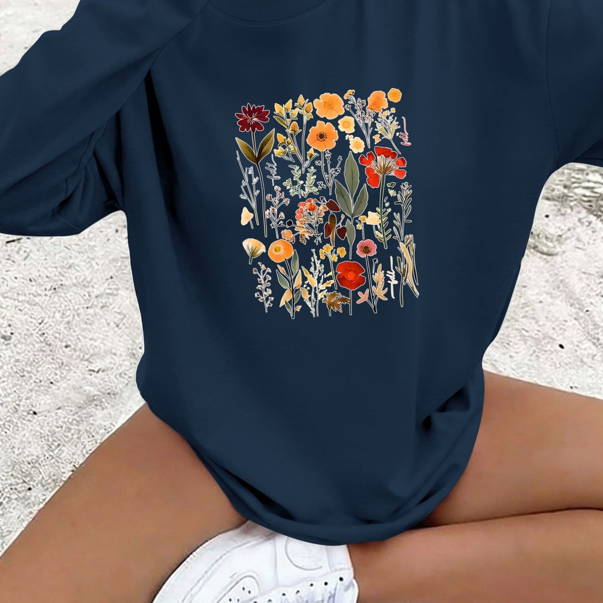 T-shirt grande taille à imprimé fleuri, manches longues, toucher naturel — matière : coton Image