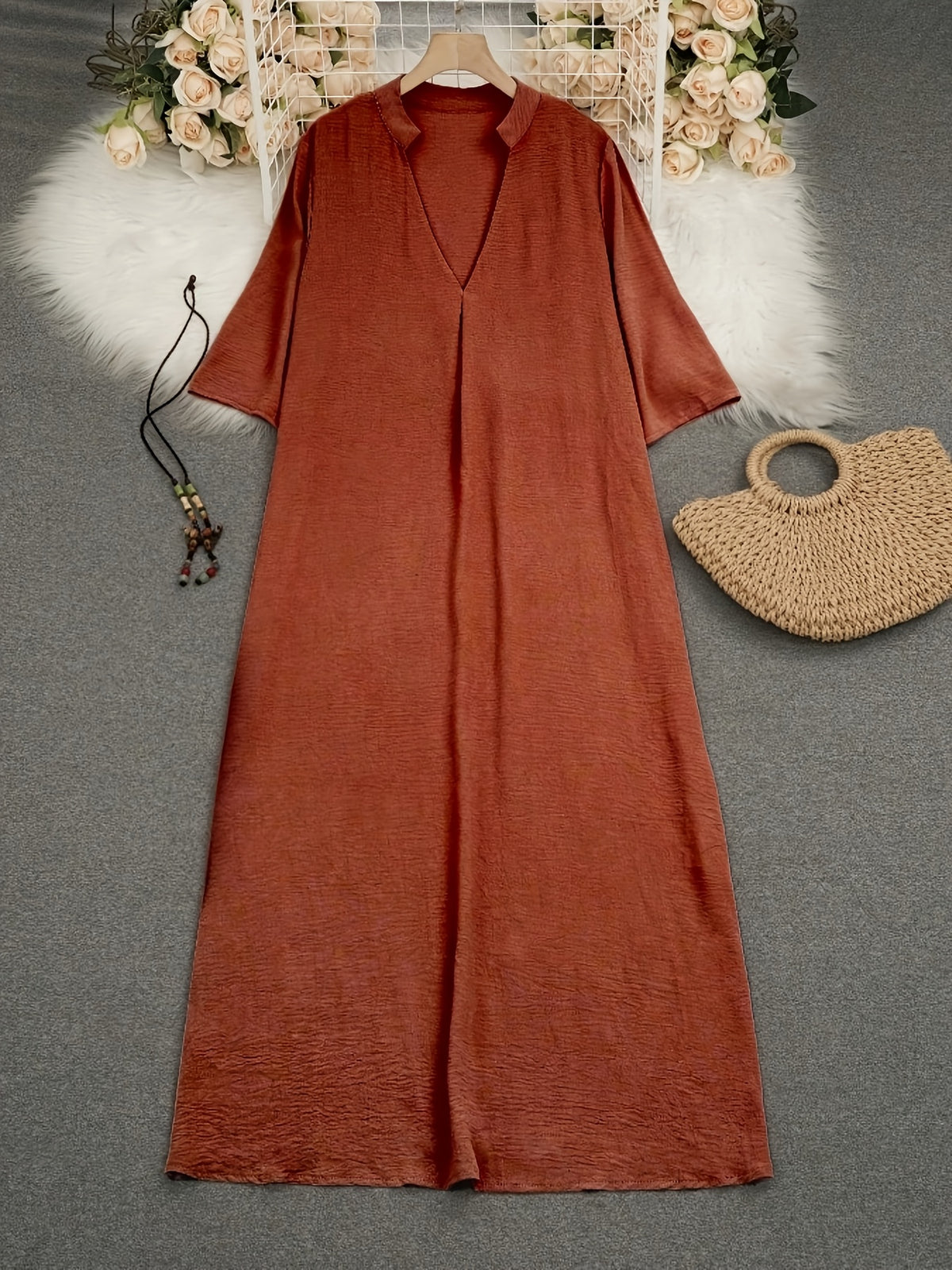 Robe longue grande taille — Caftan uni à fentes latérales