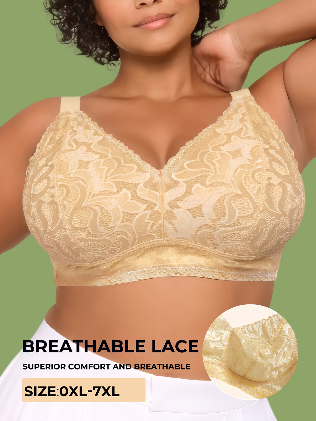 Soutien-gorge grande taille en dentelle, effet ajouré, détail du tissu