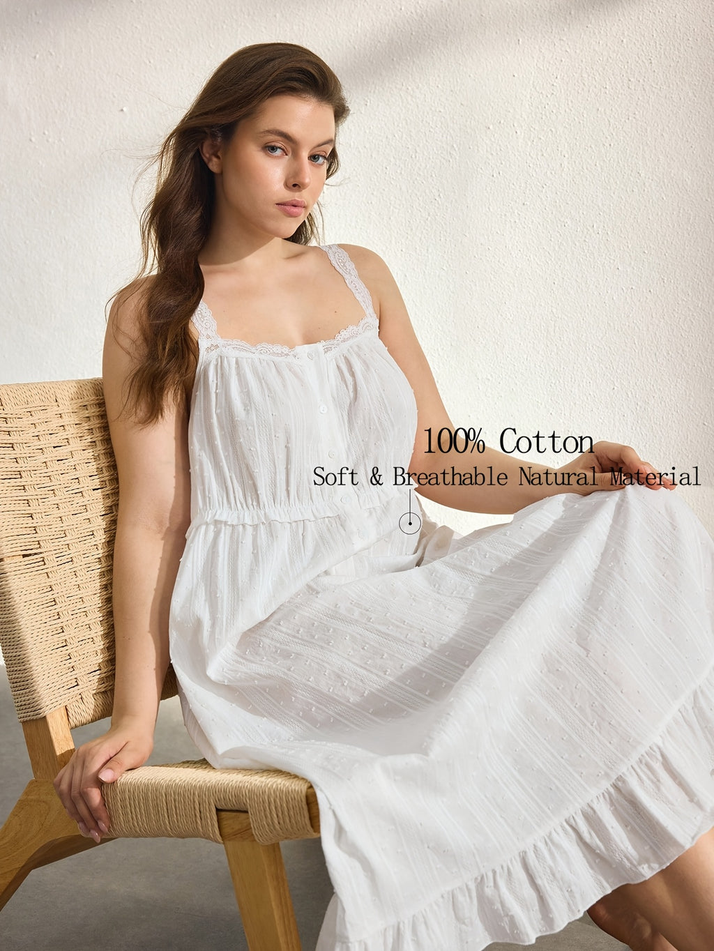 Pyjama grande taille en dentelle, volants, toucher naturel — matière : coton