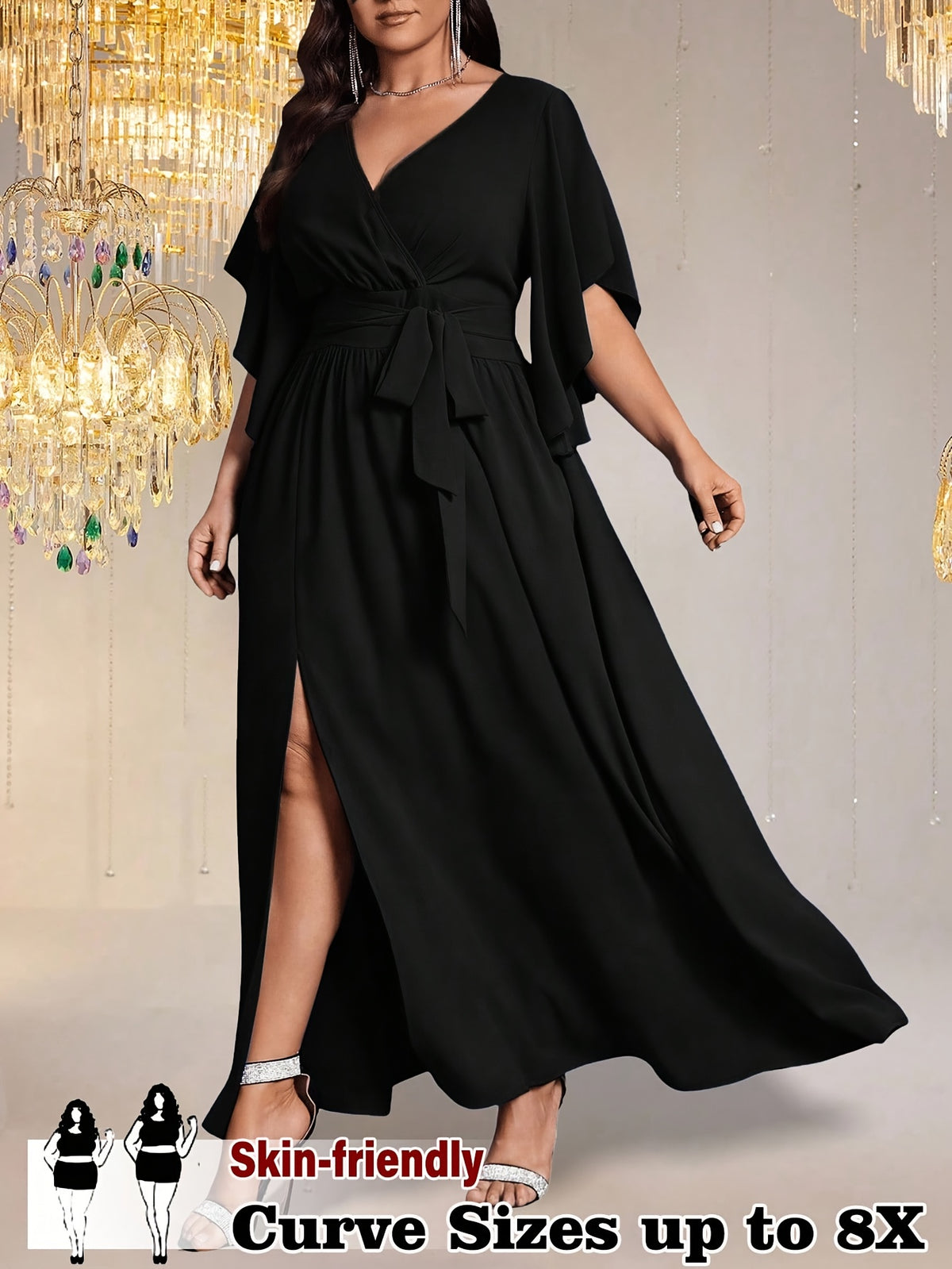Robe de soirée grande taille — Fente frontale et nœud de taille