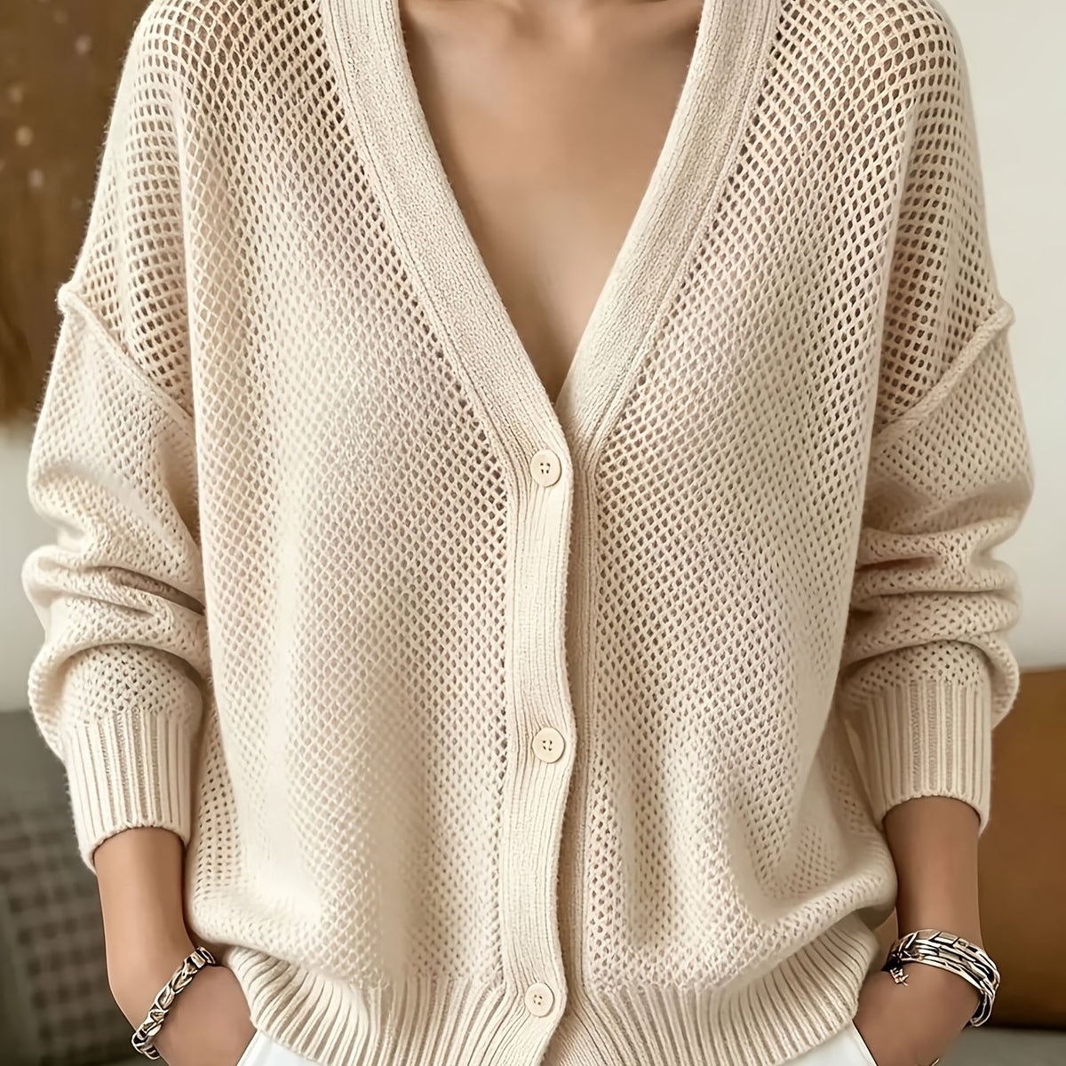 Cardigan grande taille, col V, manches longues, chaleur d'hiver — matière : polyester Image