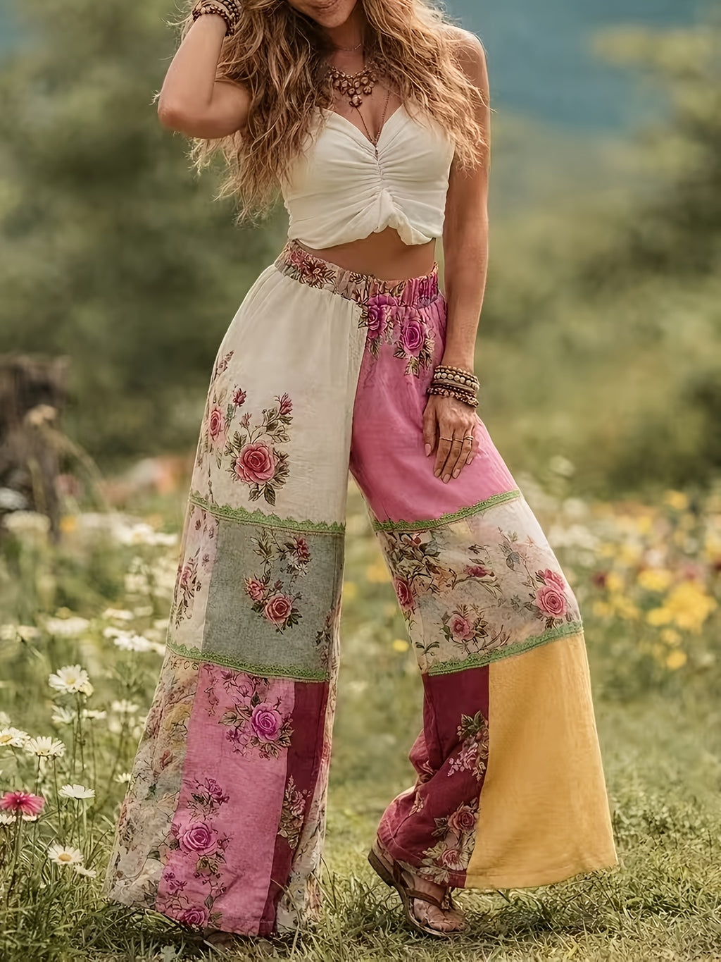 Pantalon grande taille à imprimé fleuri, coupe droite, porté de face