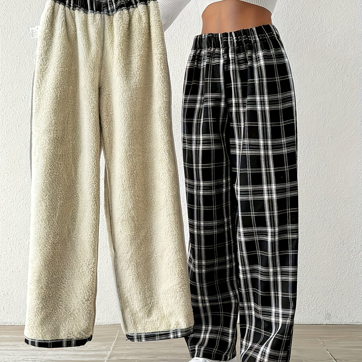 Pantalon grande taille à carreaux, coupe droite, chaleur d'hiver — matière : polyester Image