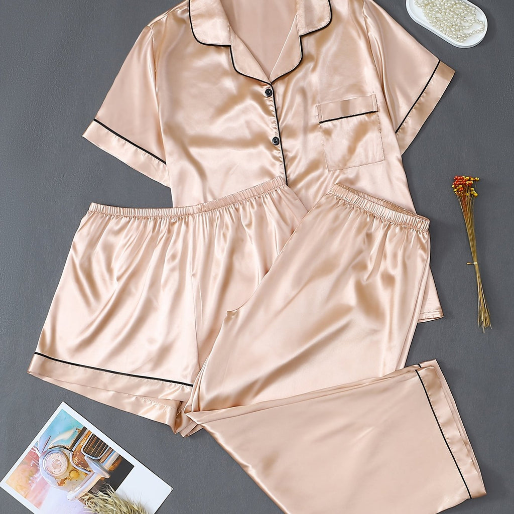 Pyjama grande taille en satin, poches plaquées, manches courtes, tombé fluide — matière : satin