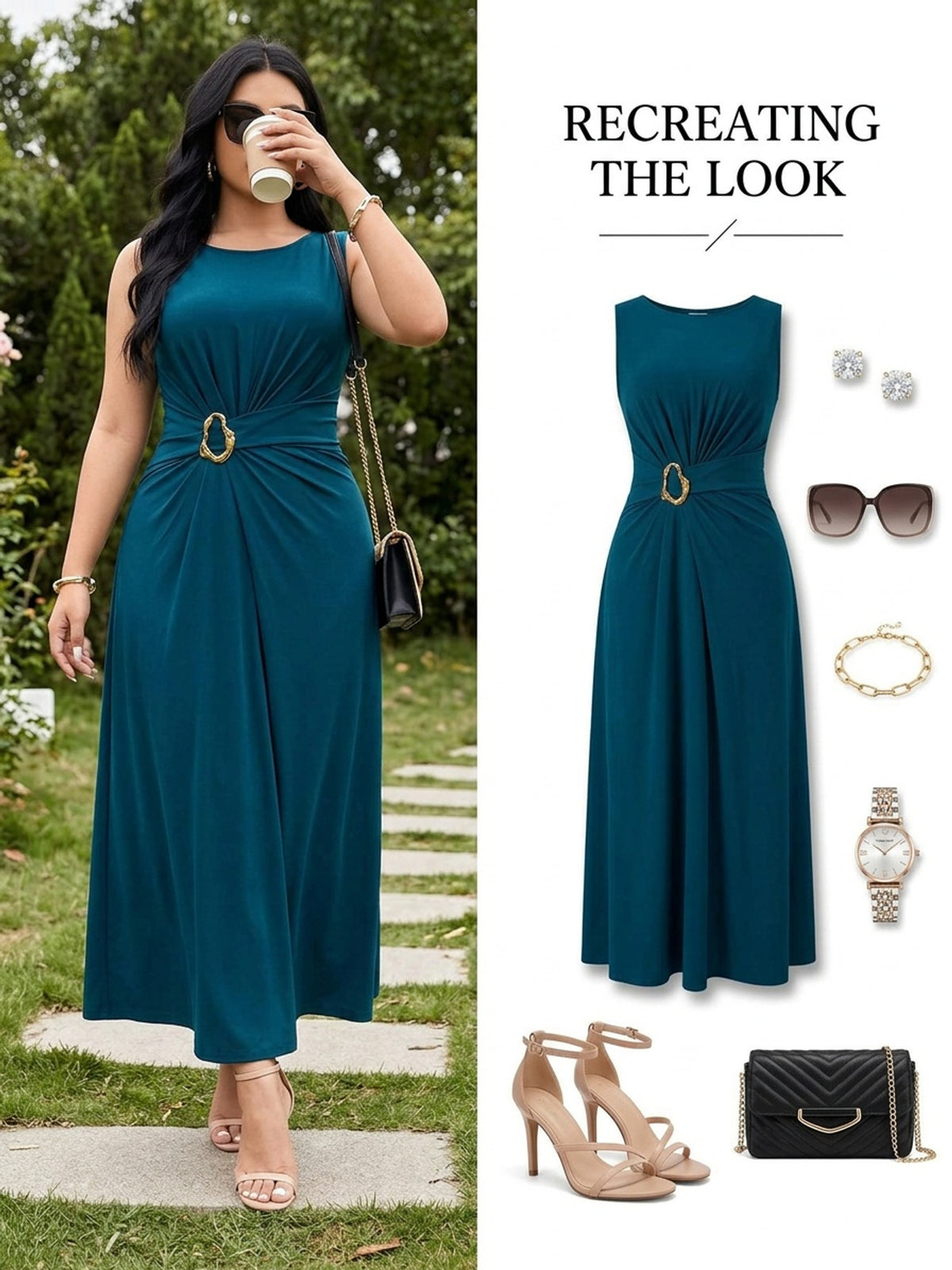 Robe longue grande taille — Bleu canard, anneau doré à la taille