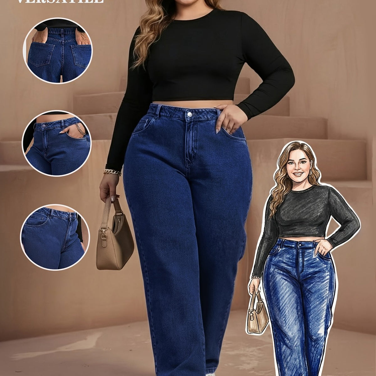 Jean grande taille, coupe droite, délavage doux, tenue franche — composition : 60% Coton, 25% Polyester, 15% Viscose Image