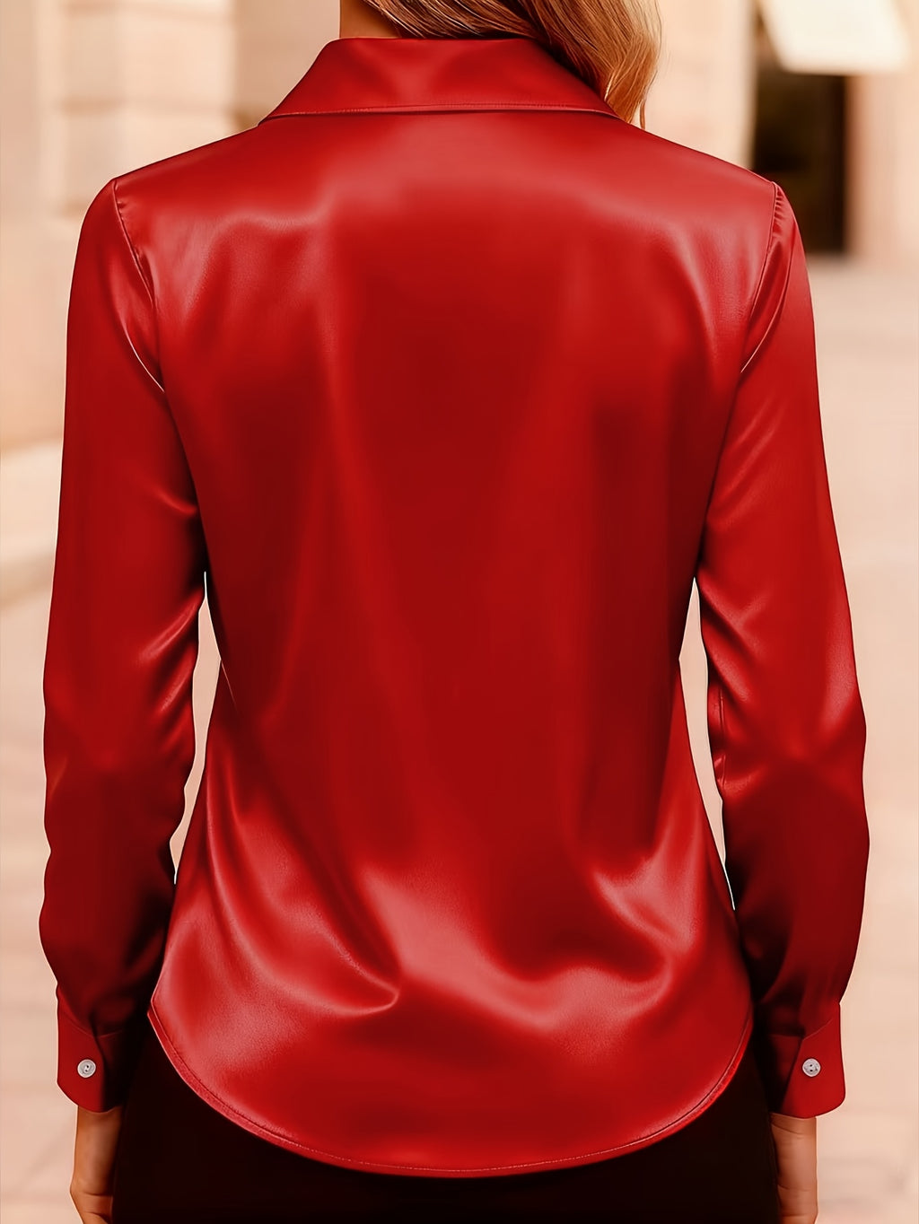 Blouse grande taille en satin, tombé fluide, porté de face