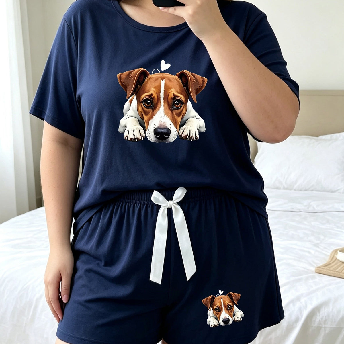 Pyjama grande taille, coupe ample, col rond, manches courtes — matière : polyester