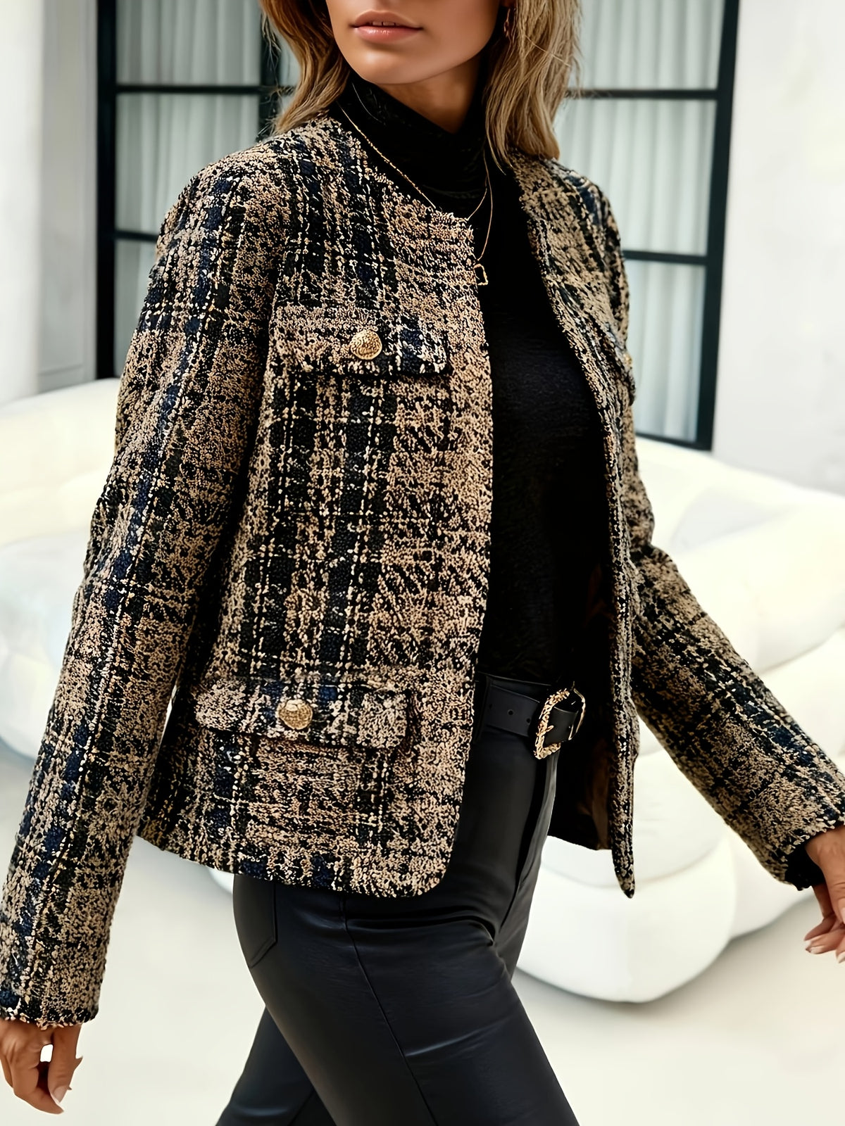 Blazer grande taille en tweed, col mao, boutonnage, manches longues, tissu opaque