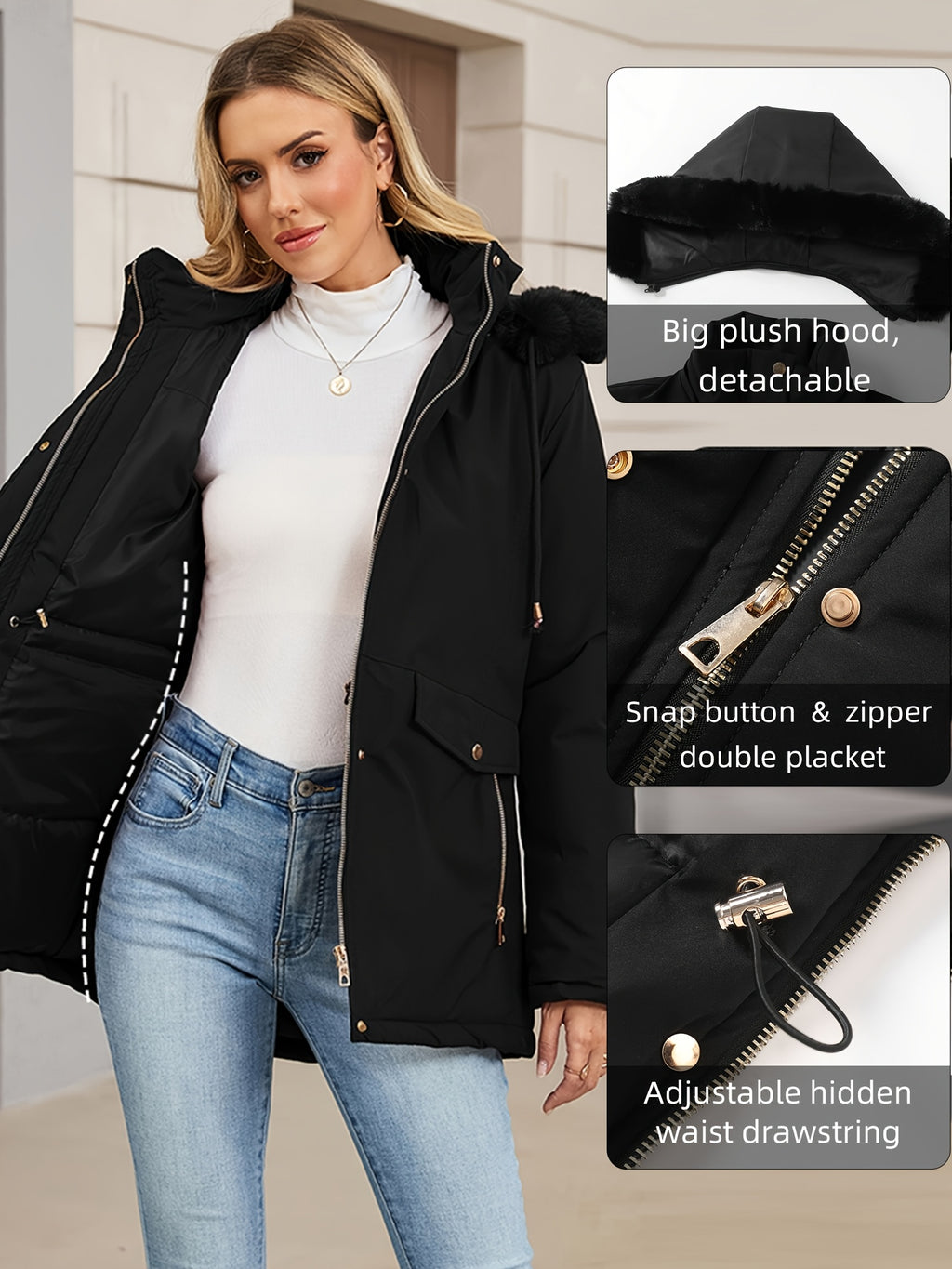 Veste grande taille, coupe oversize, longueur midi, capuche, gros plan
