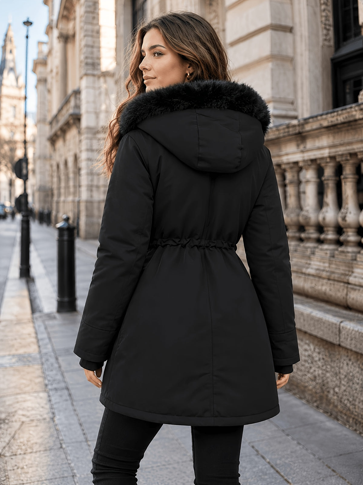 Manteau grande taille, chaleur d'hiver, tissu épais, vu de dos