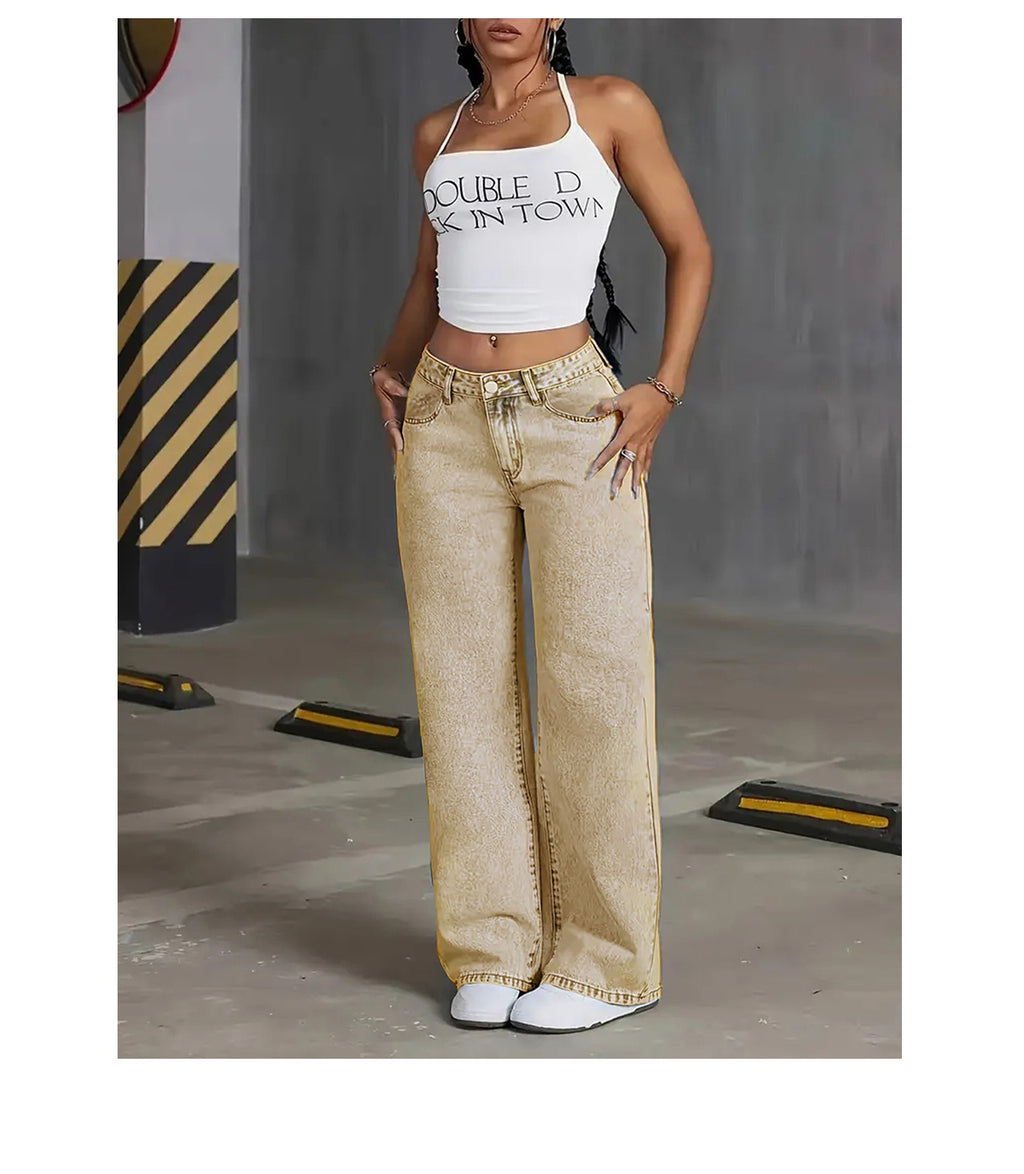 Jean grande taille, coupe droite, tenue franche, esprit décontracté, détail du tissu