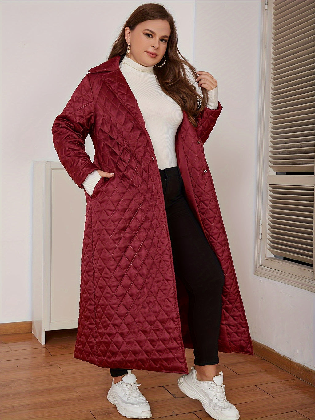 Manteau grande taille, col V, chaleur d'hiver, vue de profil