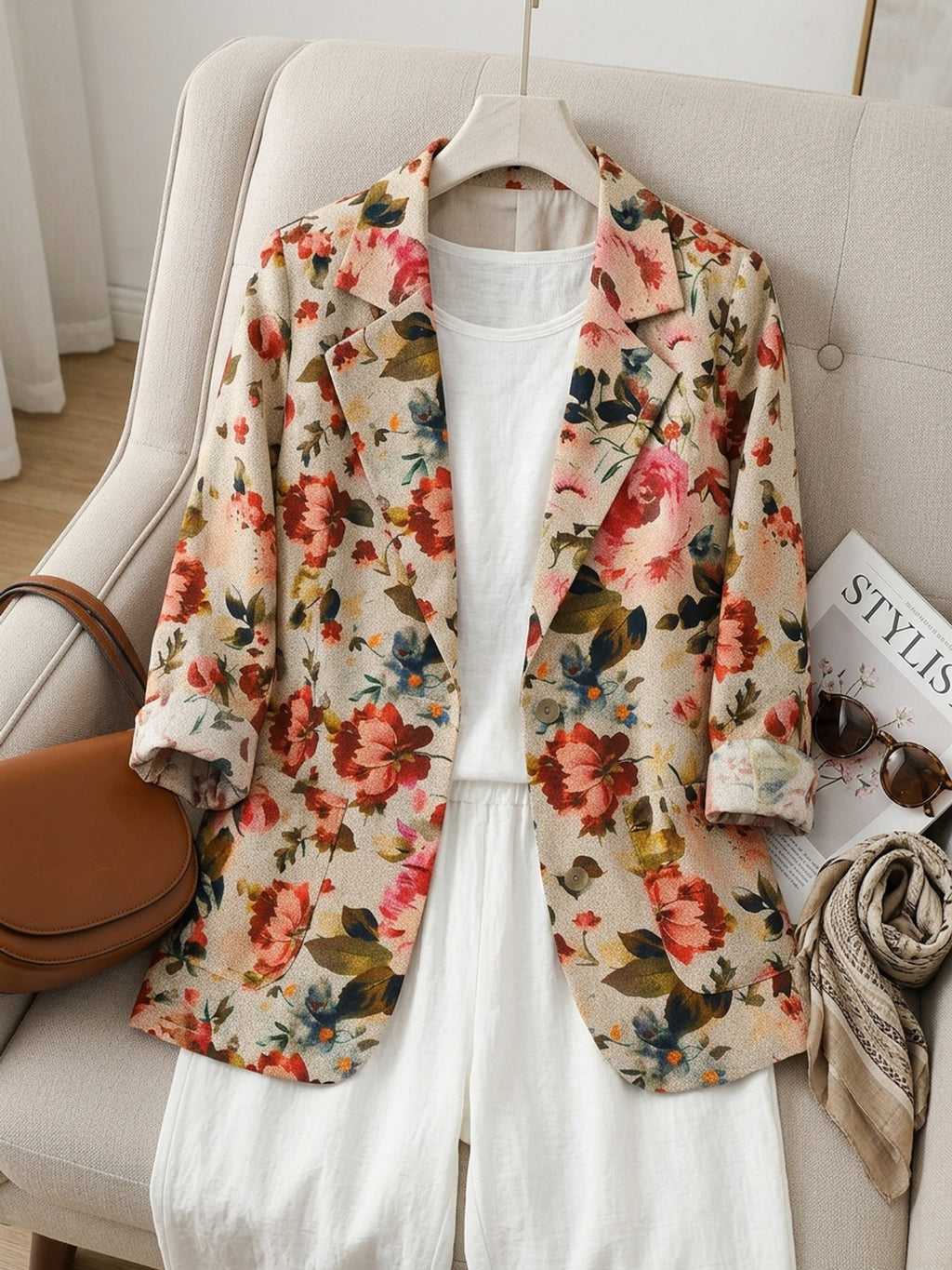 Blazer grande taille à imprimé fleuri, coupe ample, tombé fluide, porté de face