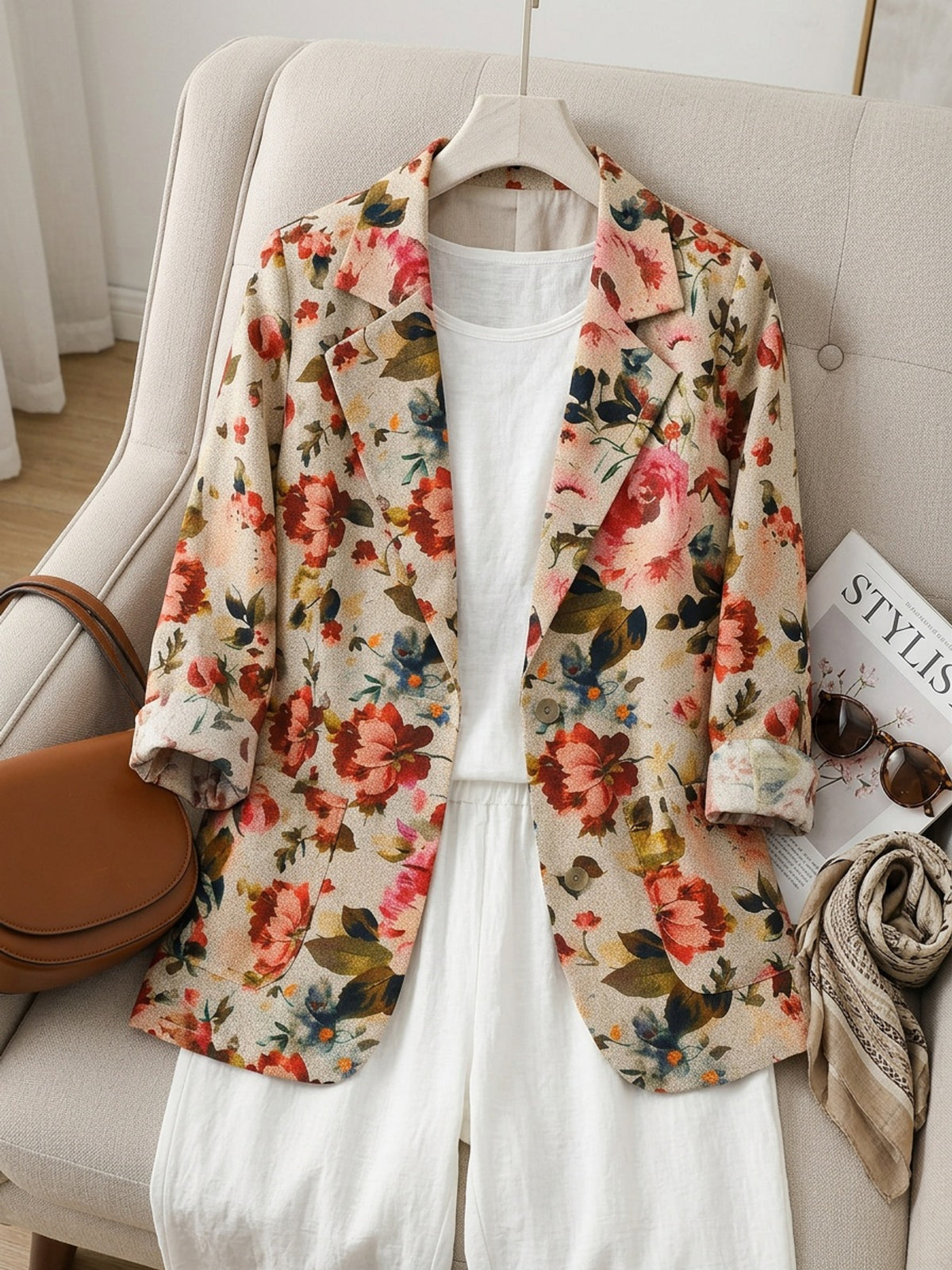 Blazer grande taille à imprimé fleuri, coupe ample, tombé fluide, porté de face