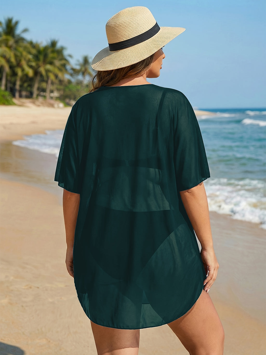 Robe de plage grande taille — Voile mesh à anneau au décolleté