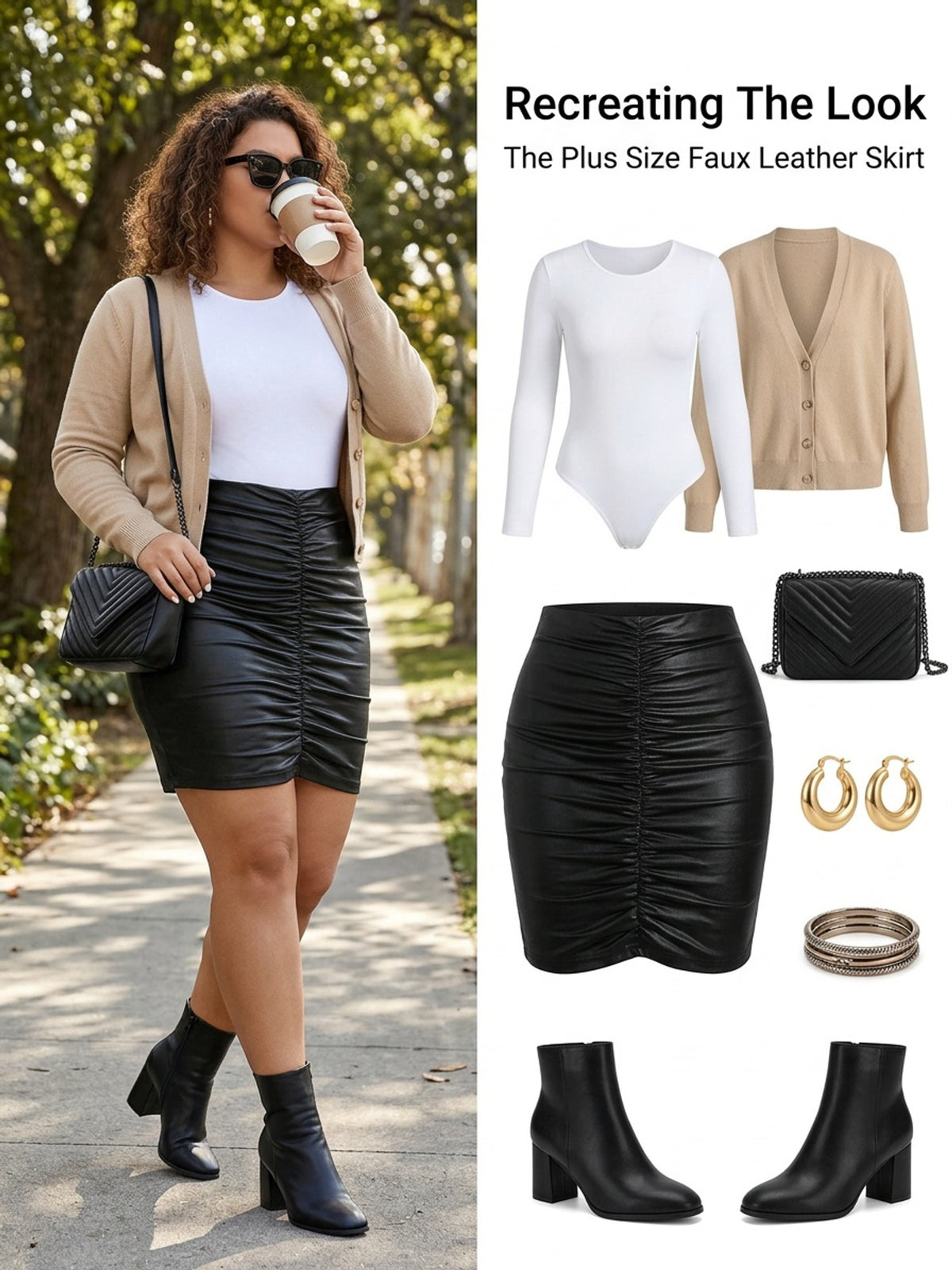 Jupe grande taille en cuir synthétique, allure cuir, tissu opaque