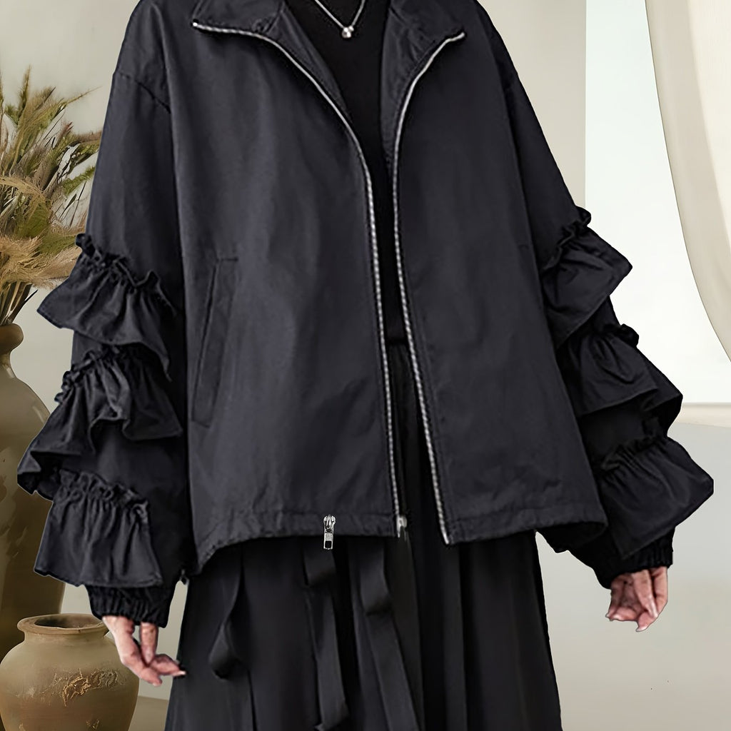 Veste grande taille, volants, fermeture zippée — matière : polyester