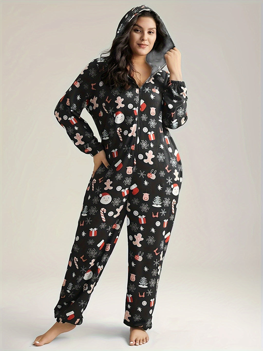 Pyjama grande taille, fermeture zippée, chaleur d'hiver, détail du col