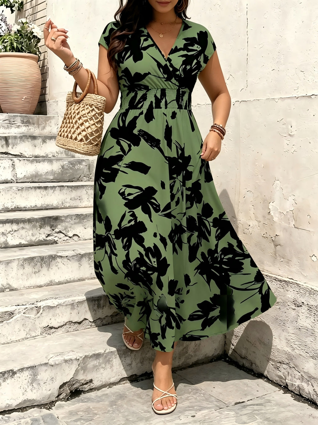 Robe longue grande taille — Grandes fleurs, taille froncée