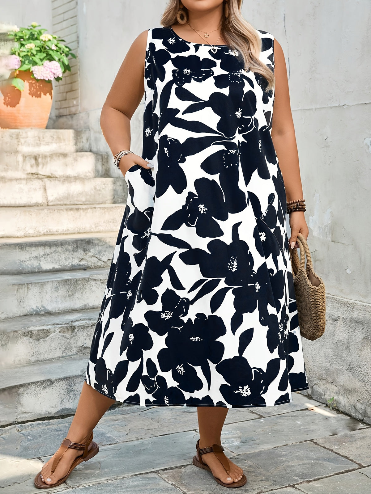 Robe midi grande taille — Grandes fleurs et poches latérales