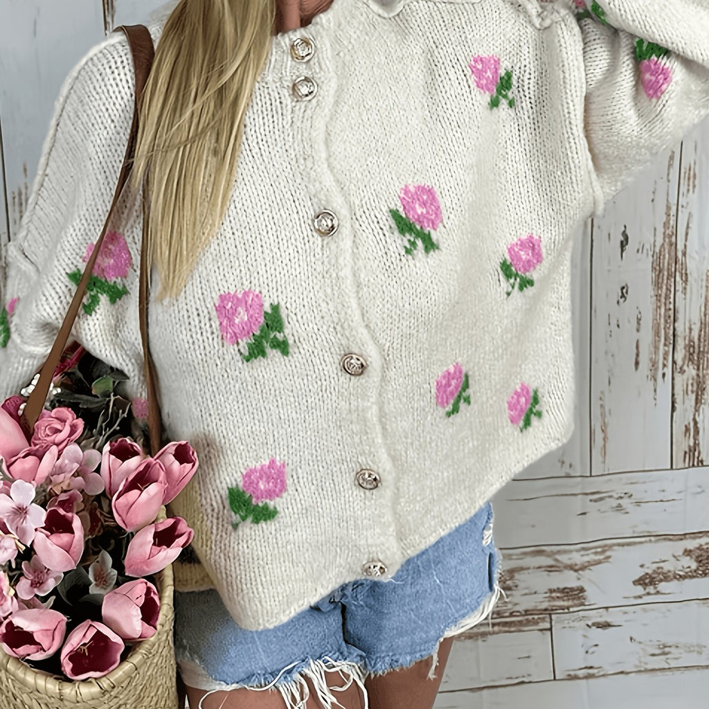 Cardigan grande taille à imprimé fleuri, coupe ample, col rond, boutonnage — matière : polyester