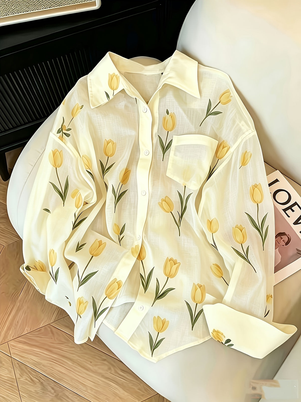 Chemise grande taille à imprimé fleuri, col — composition : 100% Polyester Image
