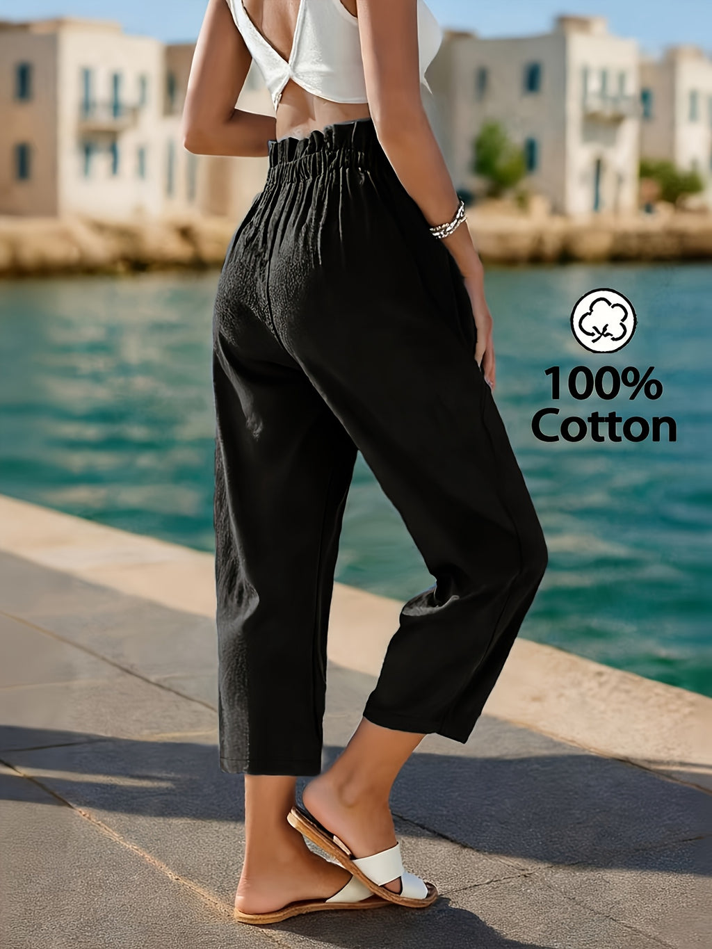 Pantalon grande taille, coupe droite, toucher naturel, vue de profil