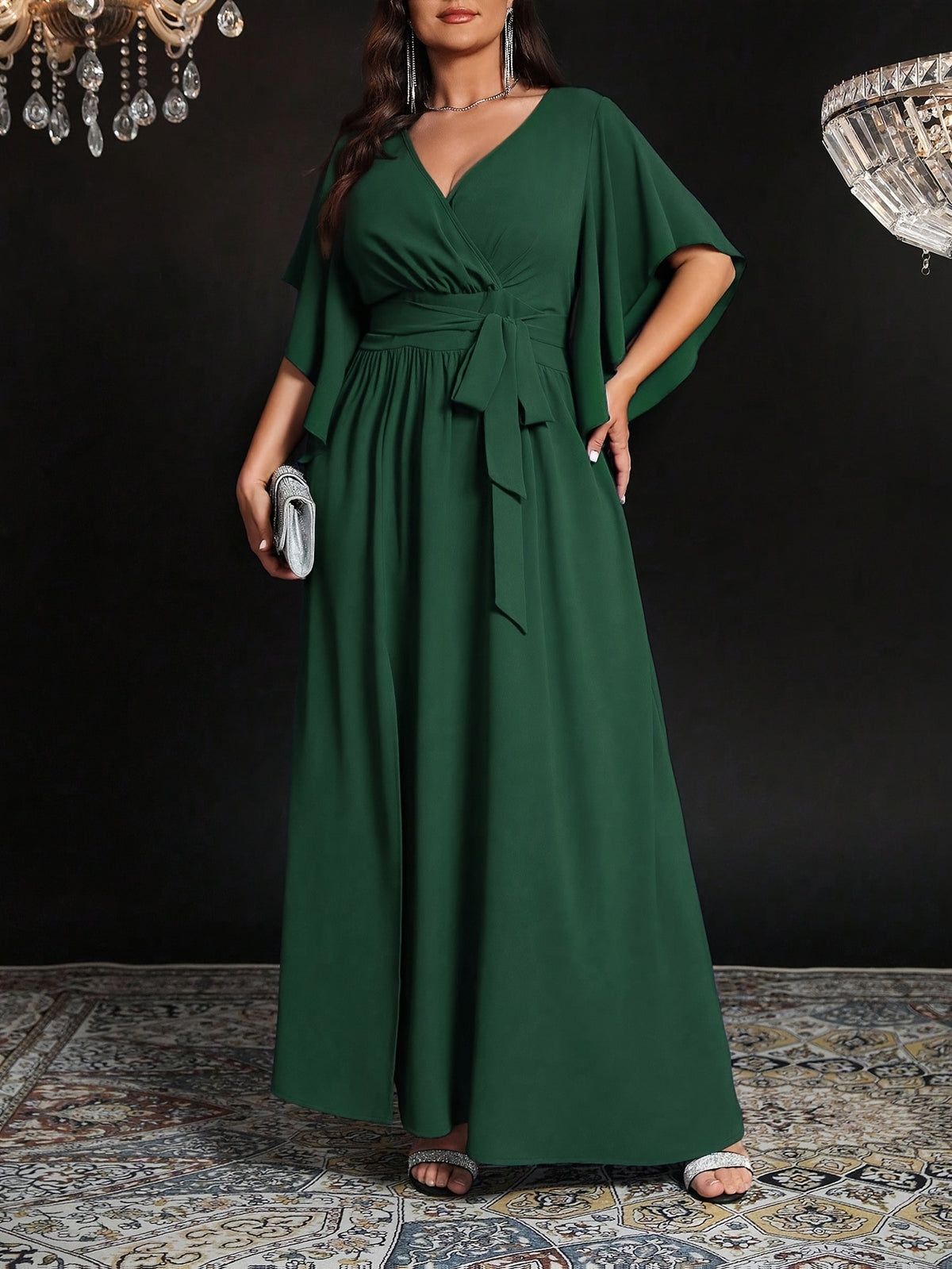 Robe de soirée grande taille — Fente frontale et nœud de taille