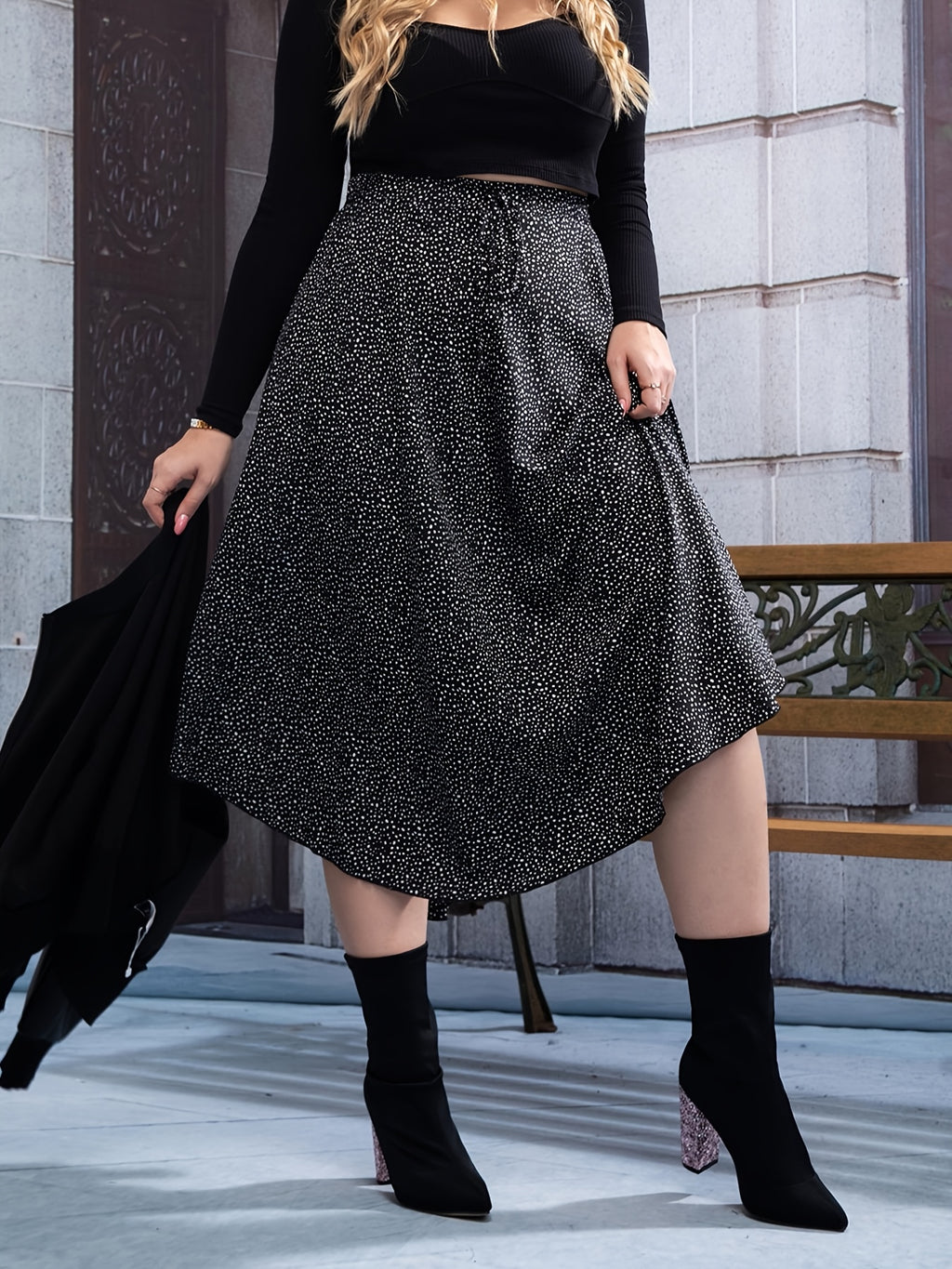 Jupe grande taille à pois, coupe évasée, esprit décontracté, tissu opaque