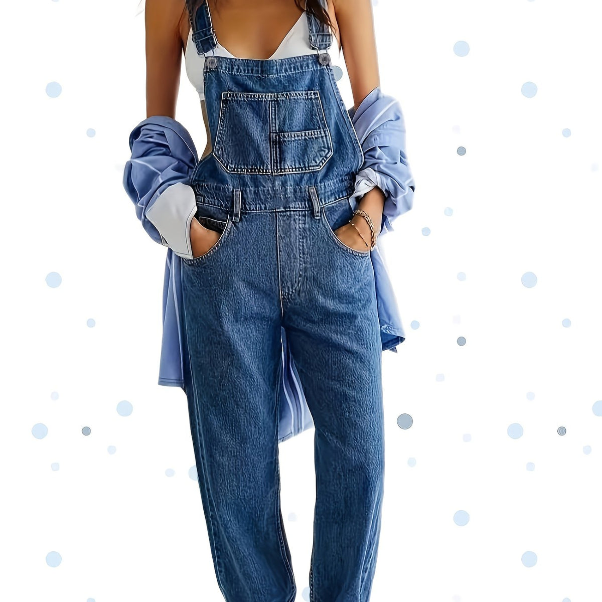 Salopette grande taille, coupe longue, tenue franche — matière : denim
