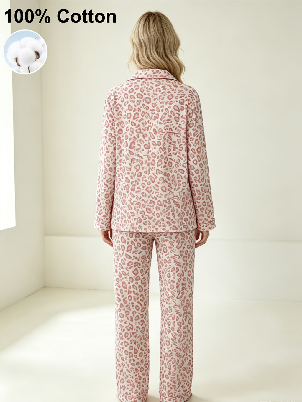 Pyjama grande taille à imprimé léopard, toucher naturel, chaleur d'hiver, vu de dos
