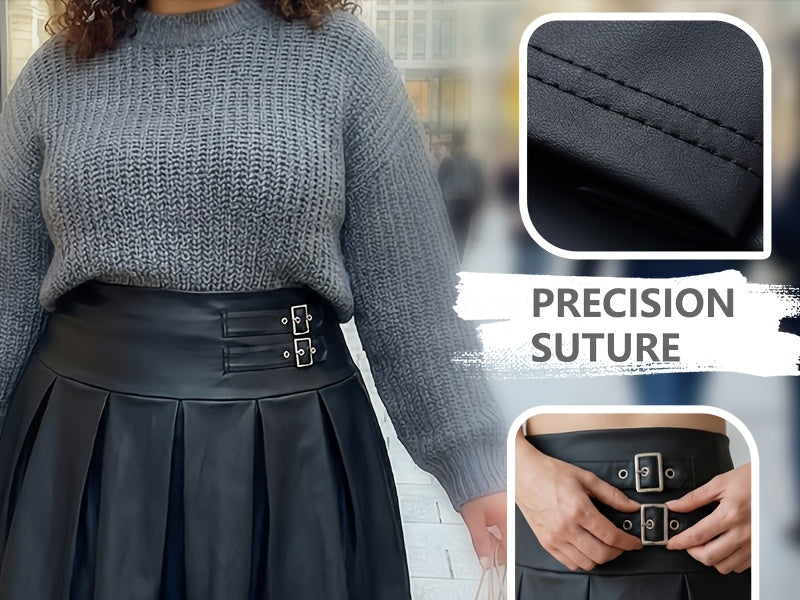 Jupe grande taille en cuir synthétique, plissés, allure cuir, tissu opaque