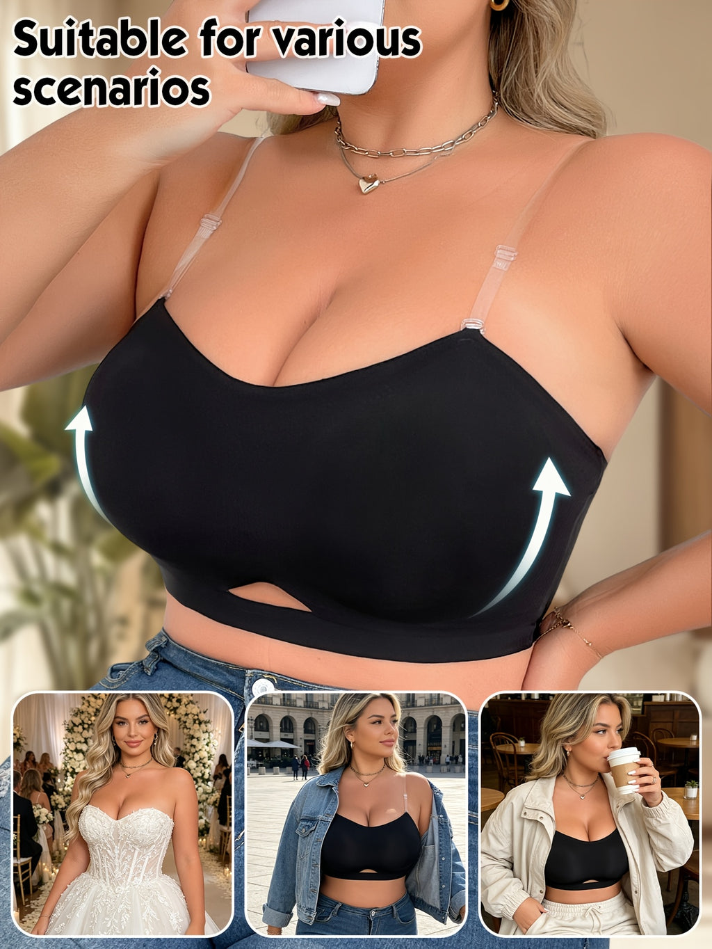 Bandeau dos nu grande taille — Bord ondulé, bandes silicone