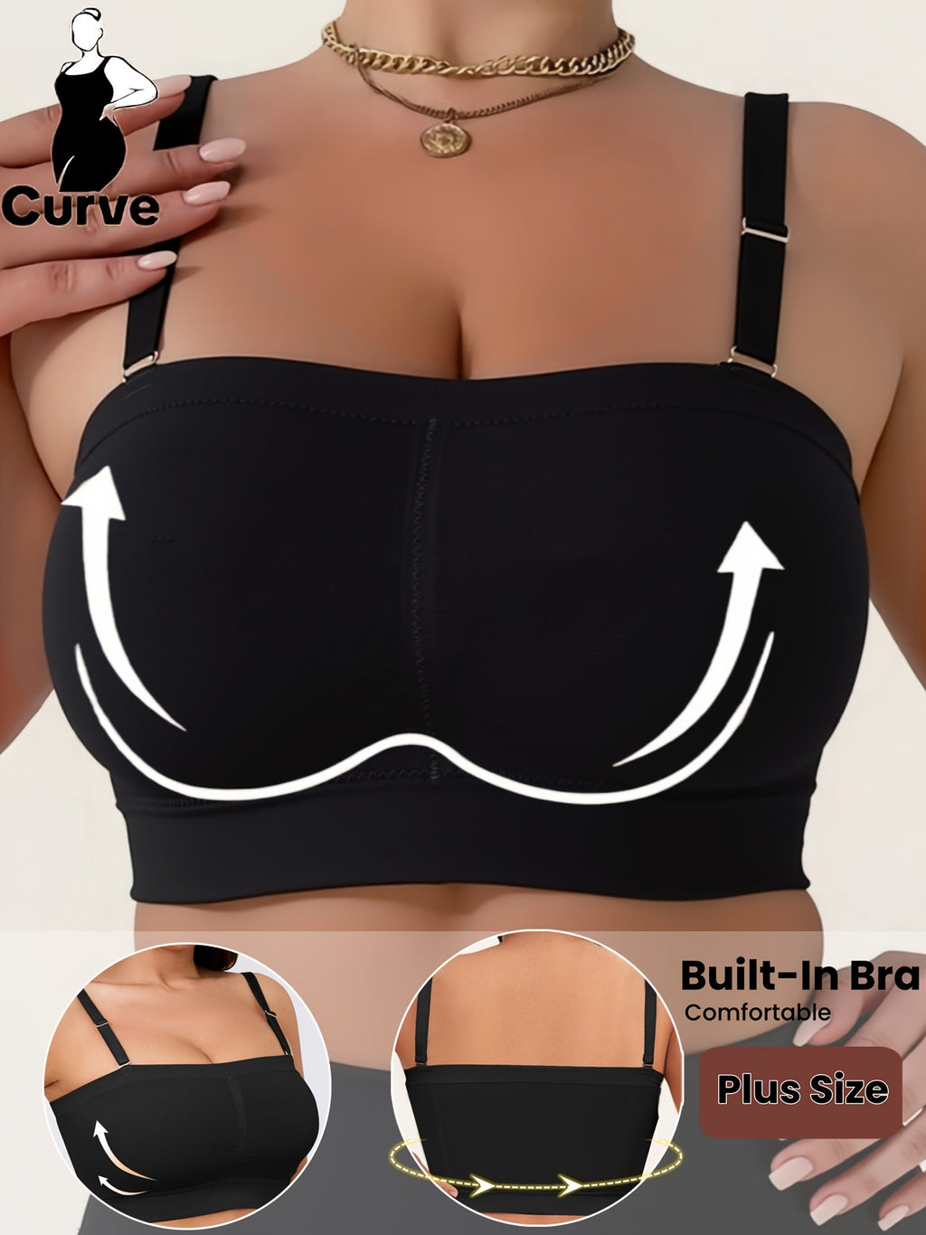 Bandeau sans armature grande taille — Bretelles croisées, noir