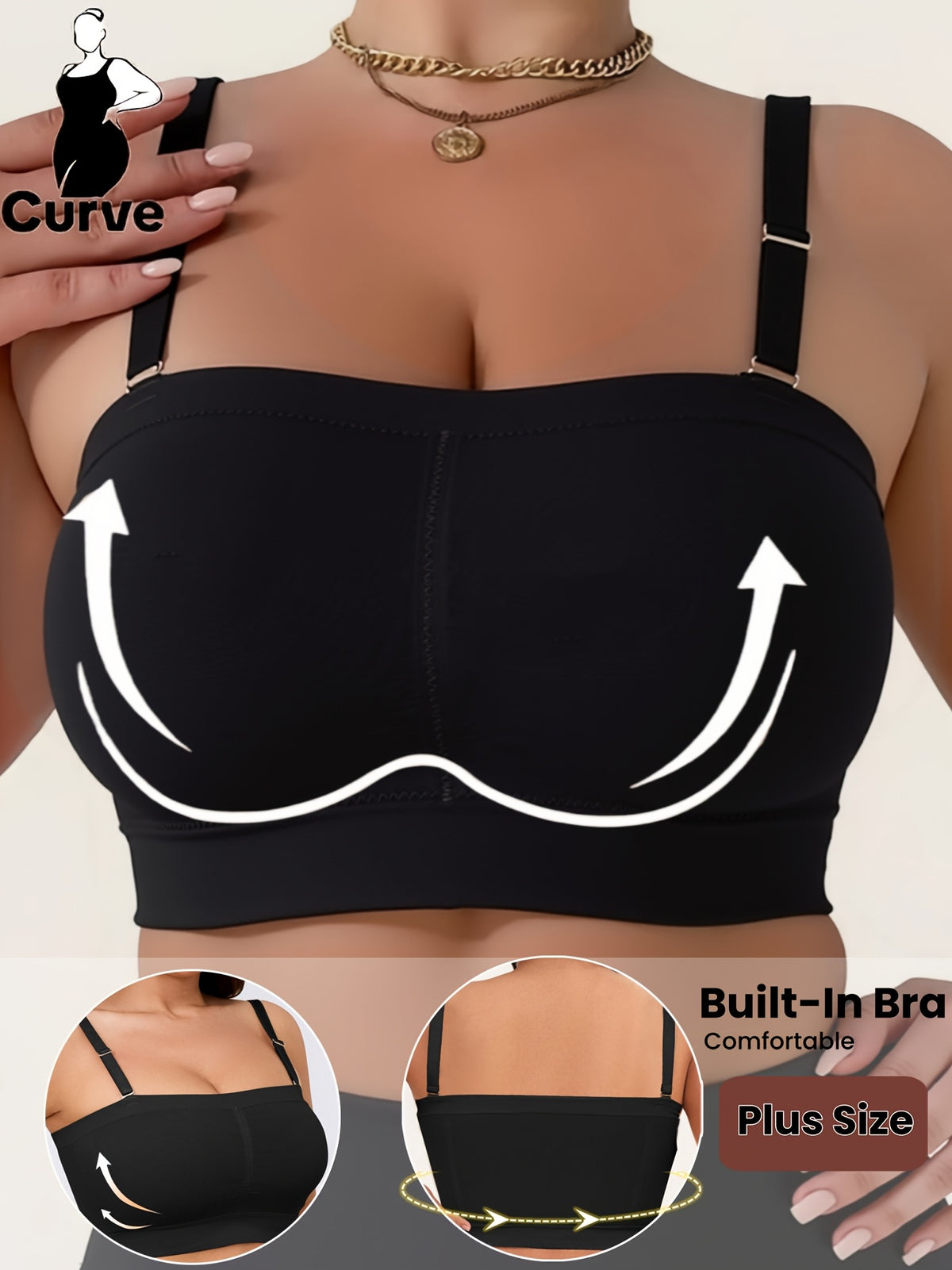 Bandeau sans armature grande taille — Bretelles croisées, noir