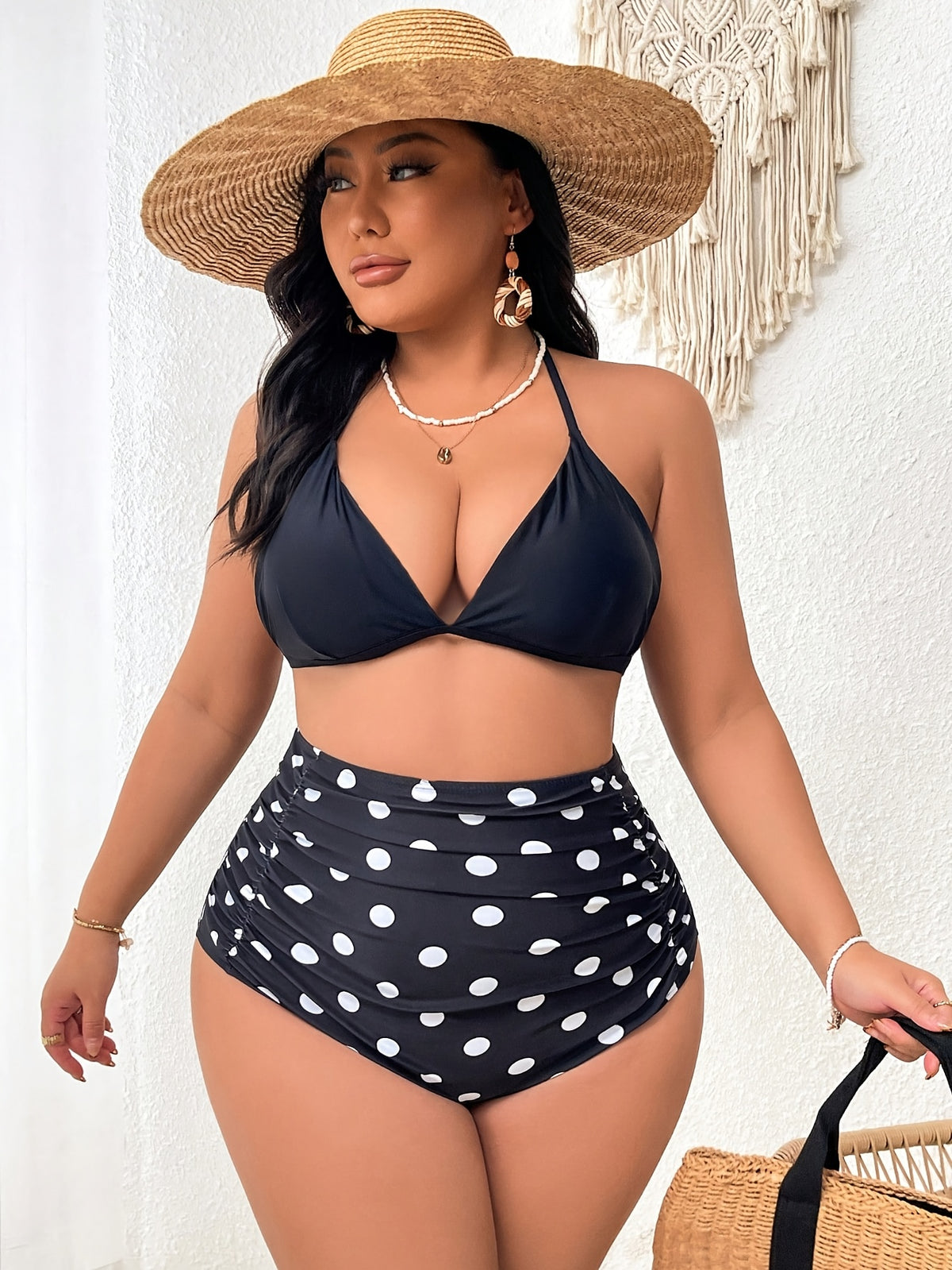 Bas de maillot de bain grande taille — Pois et taille haute