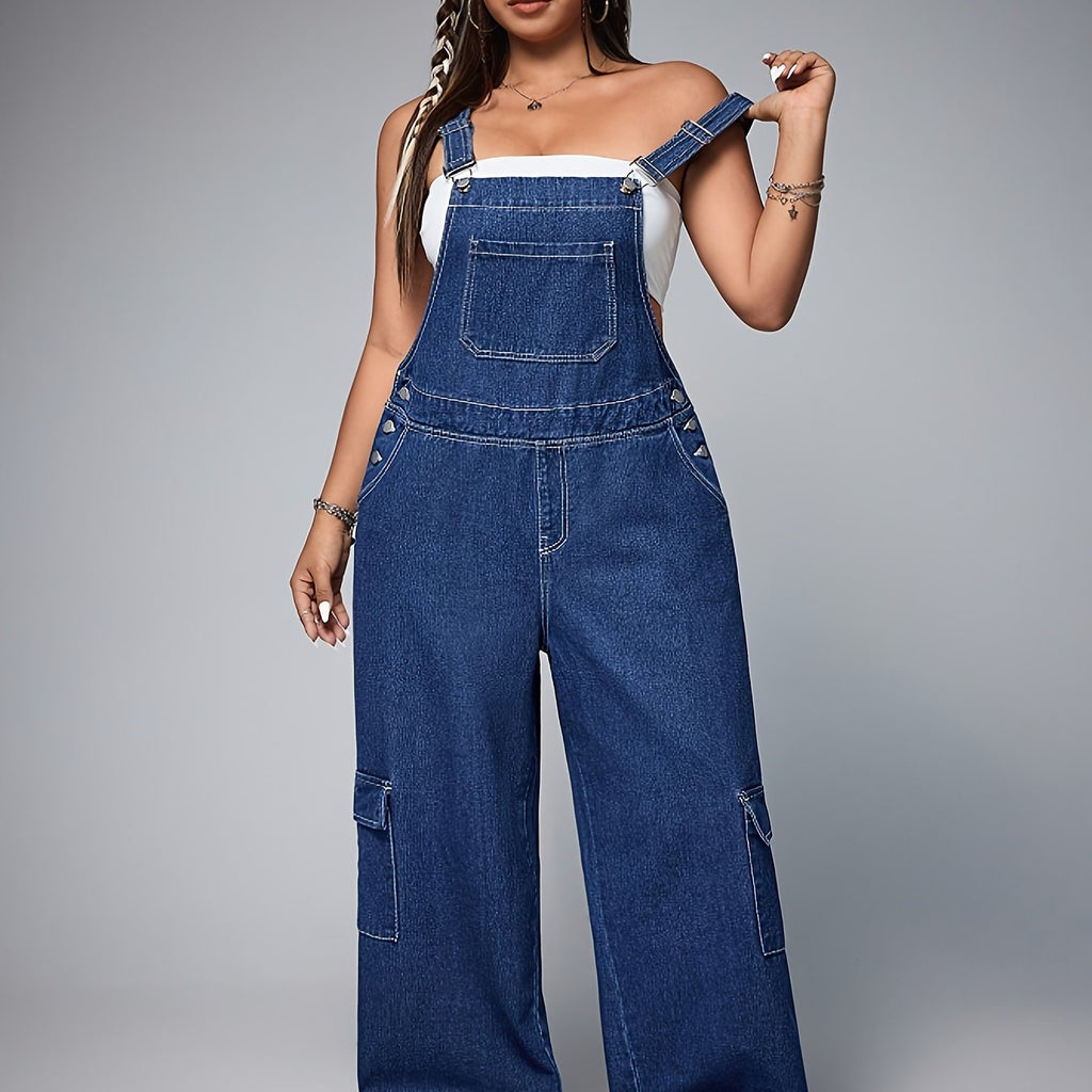 Salopette grande taille, poches pratiques, tenue franche — matière : denim