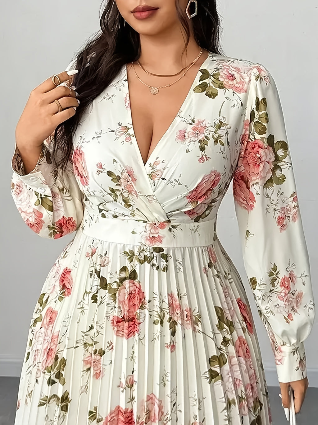 Robe longue grande taille — Roses, cache-cœur plissé soleil
