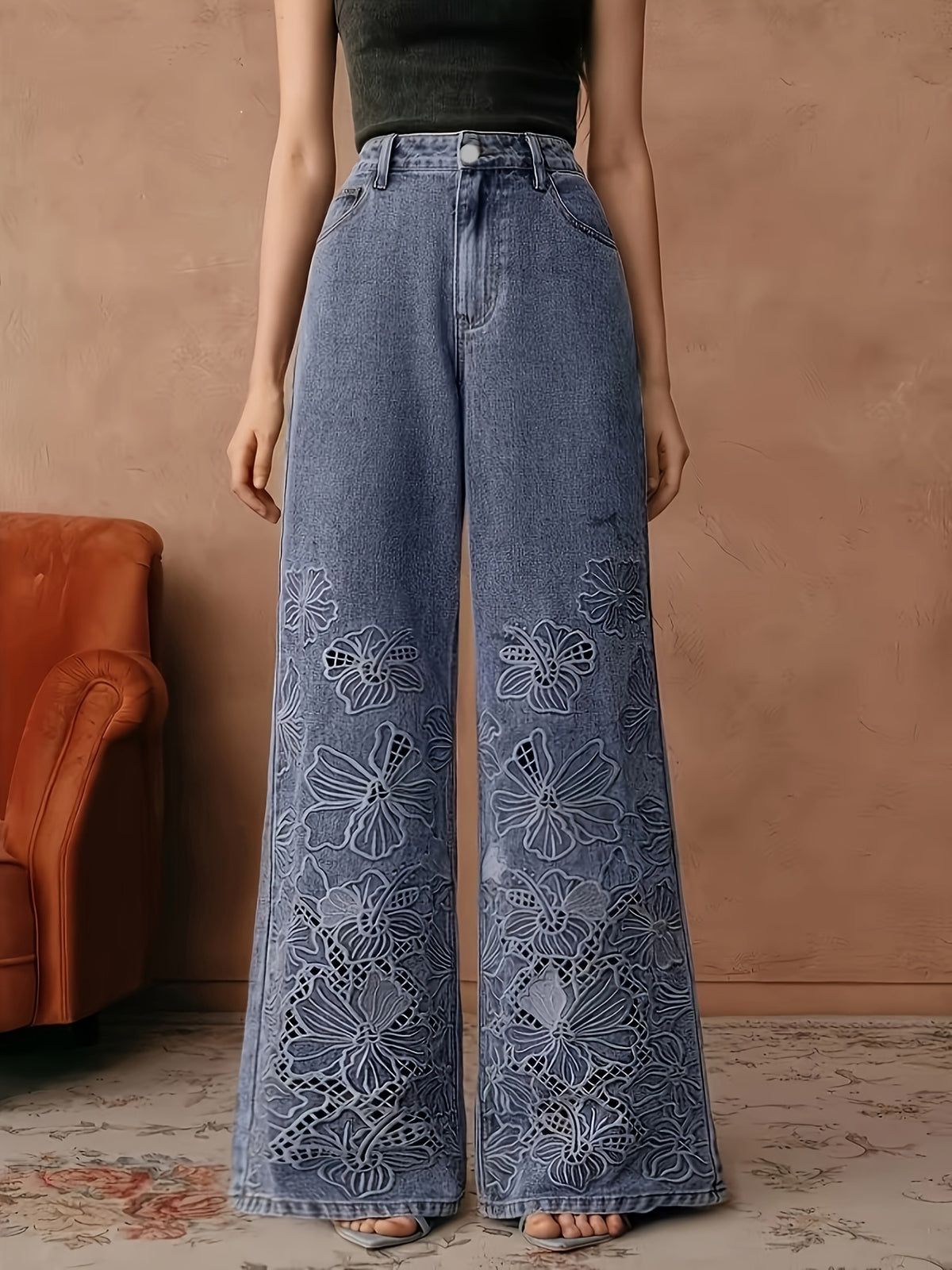 Pantalon grande taille à imprimé fleuri, coupe droite, tenue franche Image