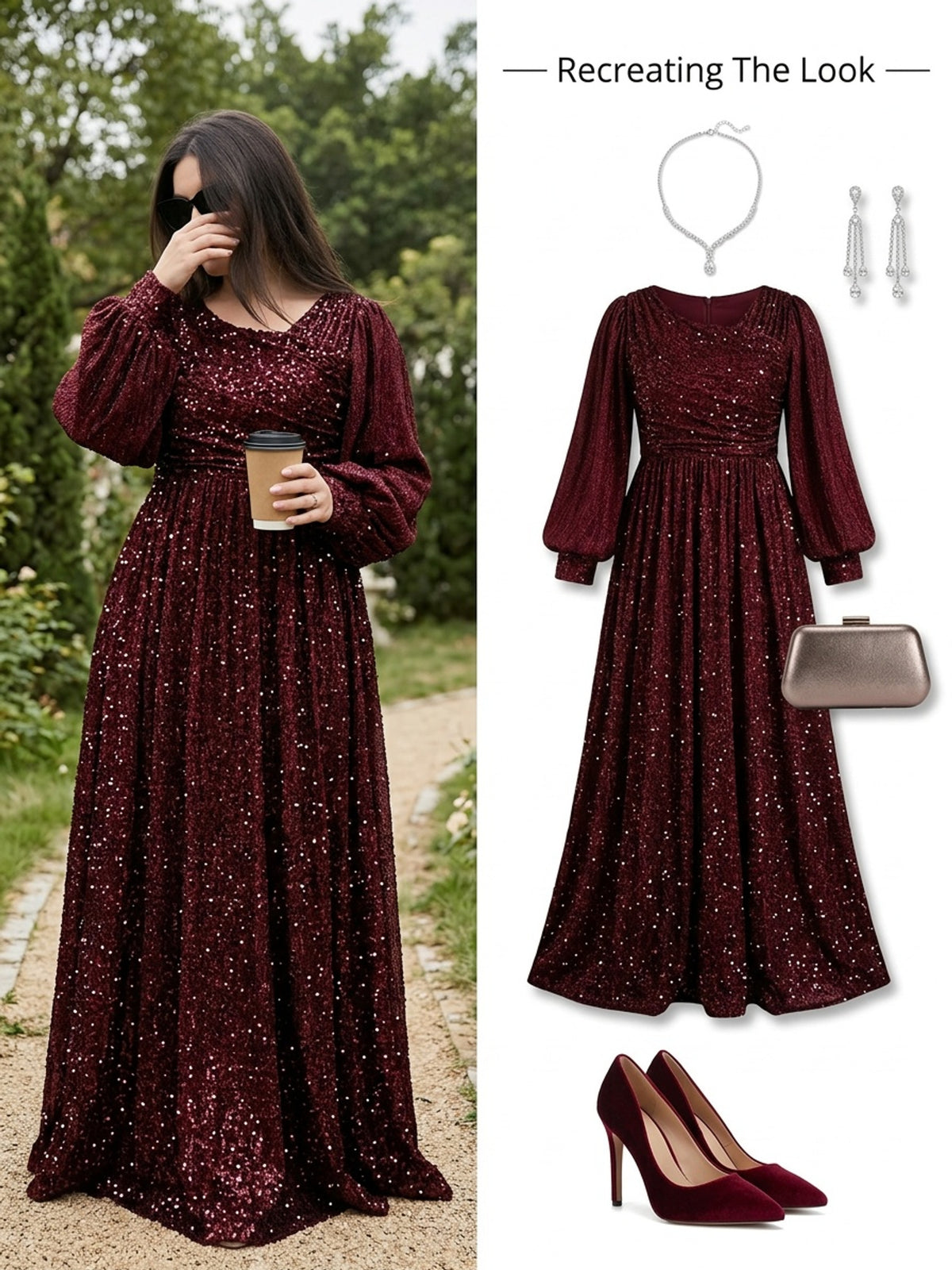 Robe de cérémonie grande taille, manches lanternes pailletées