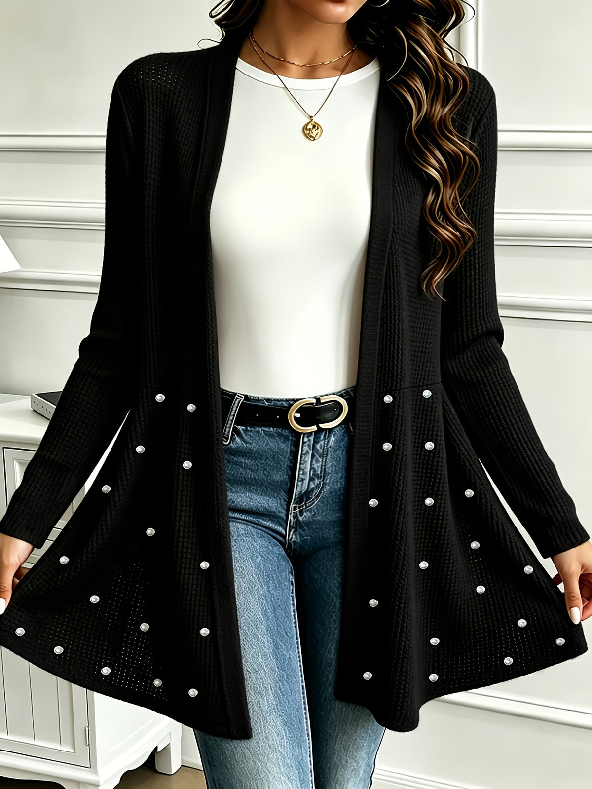 Veste grande taille, perles, manches longues
