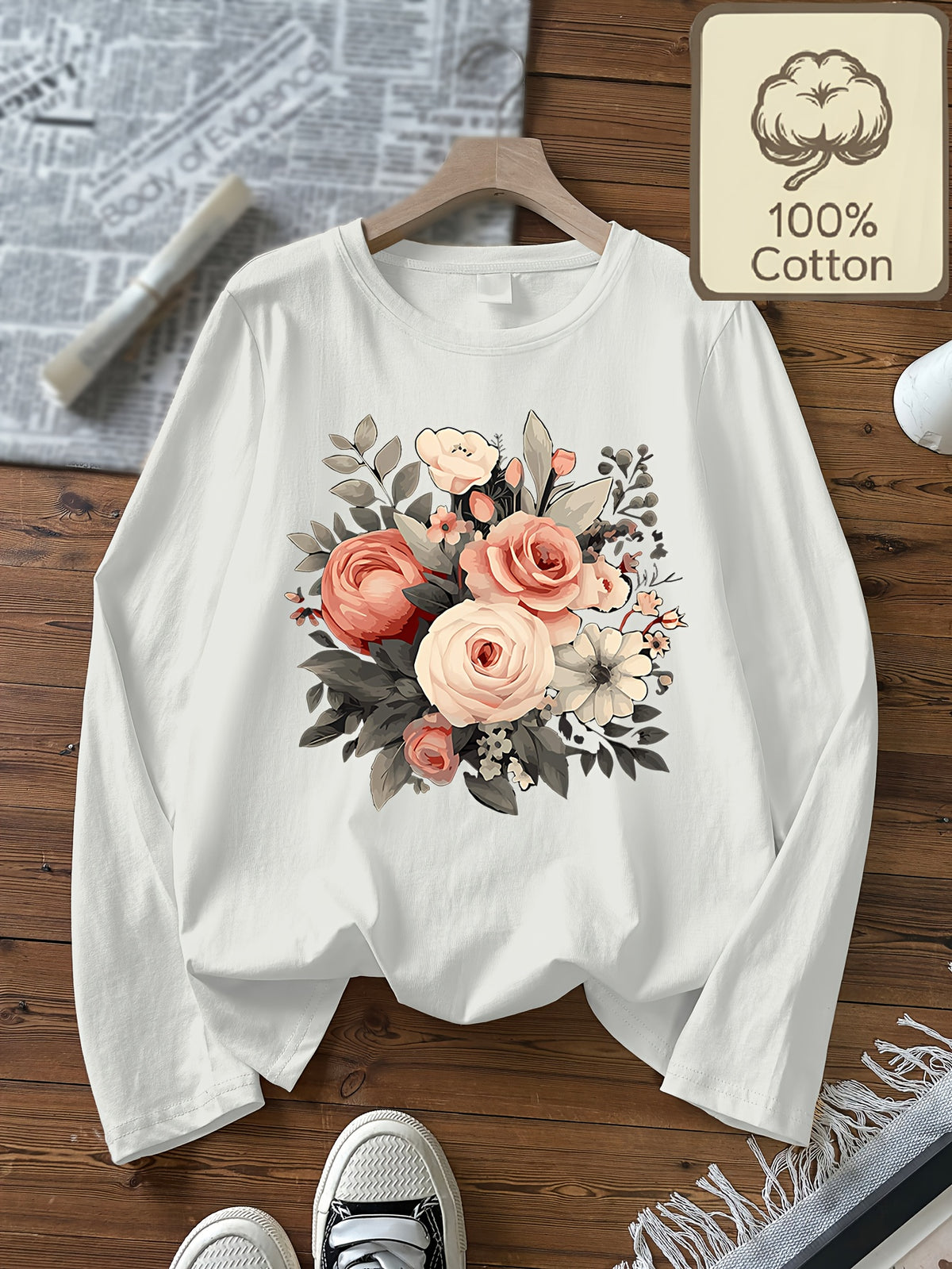 Top grande taille, col rond, manches longues, toucher naturel, porté de face