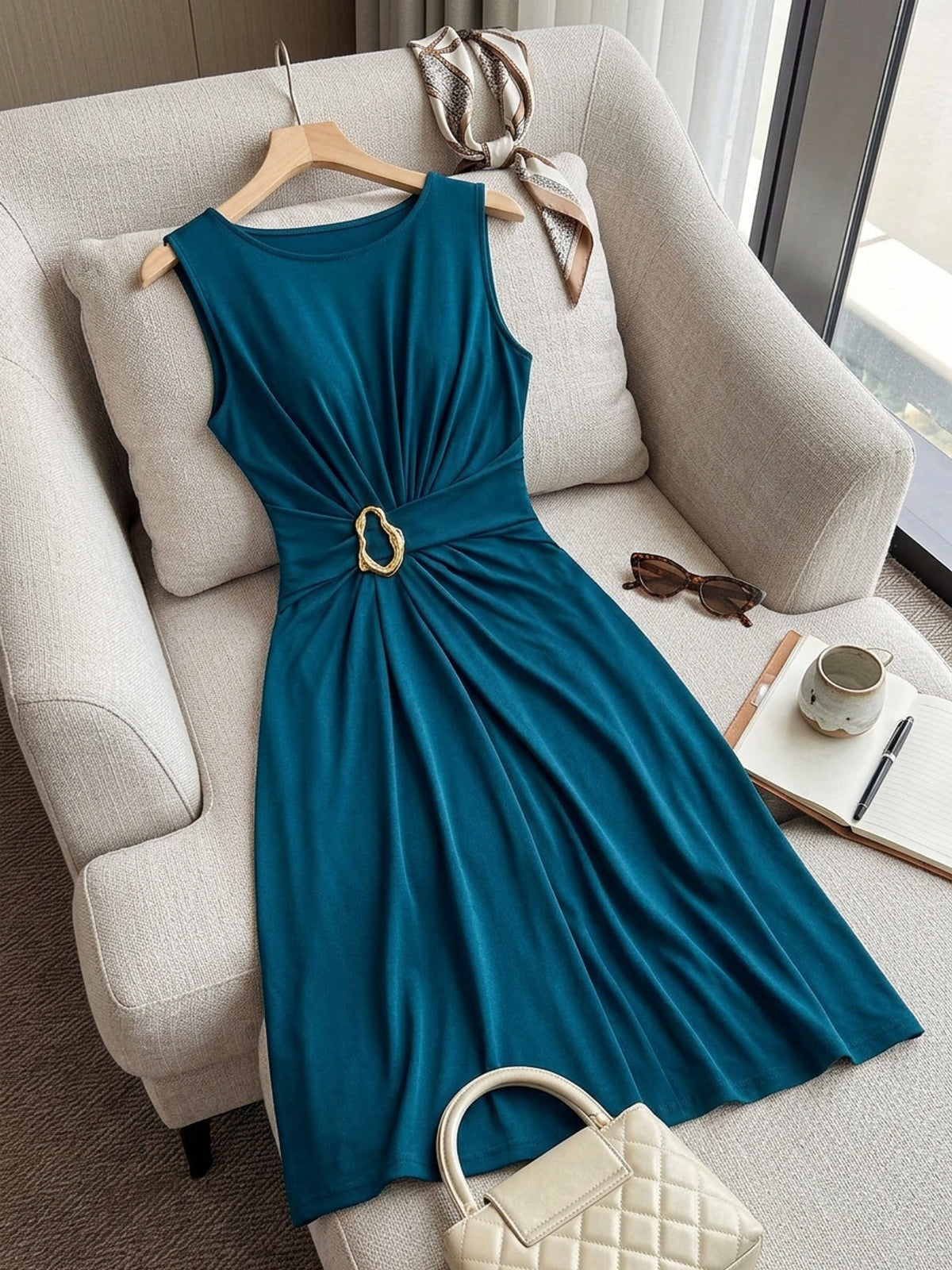Robe longue grande taille — Bleu canard, anneau doré à la taille