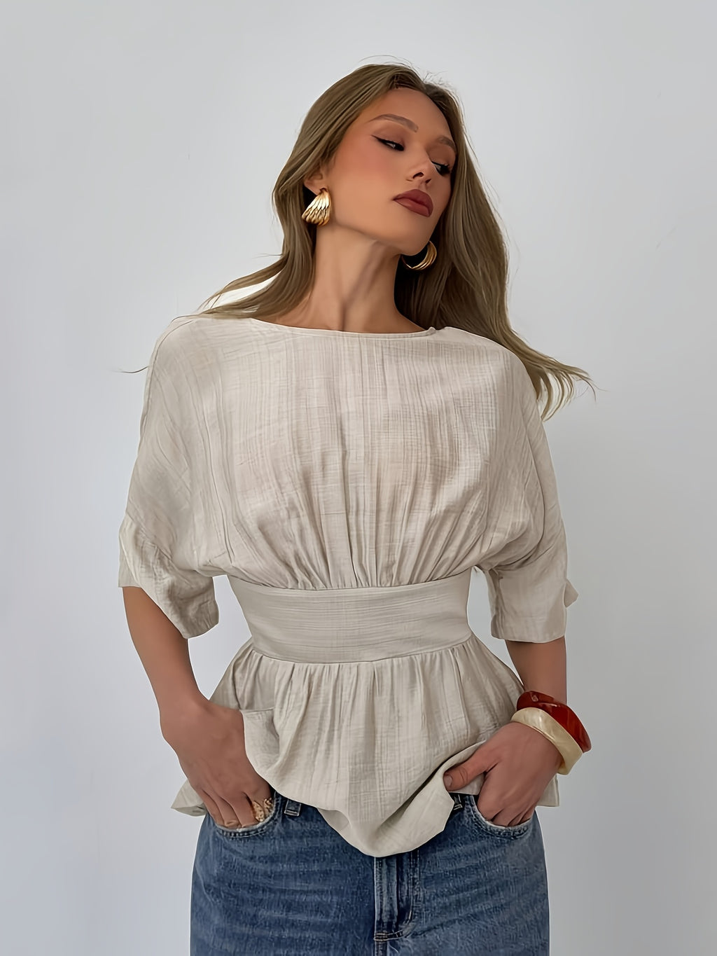 Chemise grande taille, coupe oversize, épaules dénudées — composition : 100% Polyester
