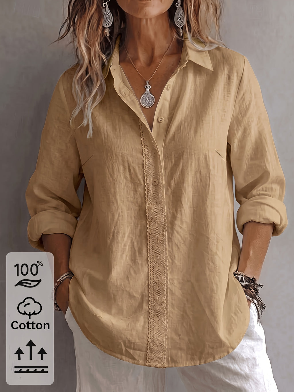 Chemise grande taille en dentelle, coupe oversize, col, mise en situation