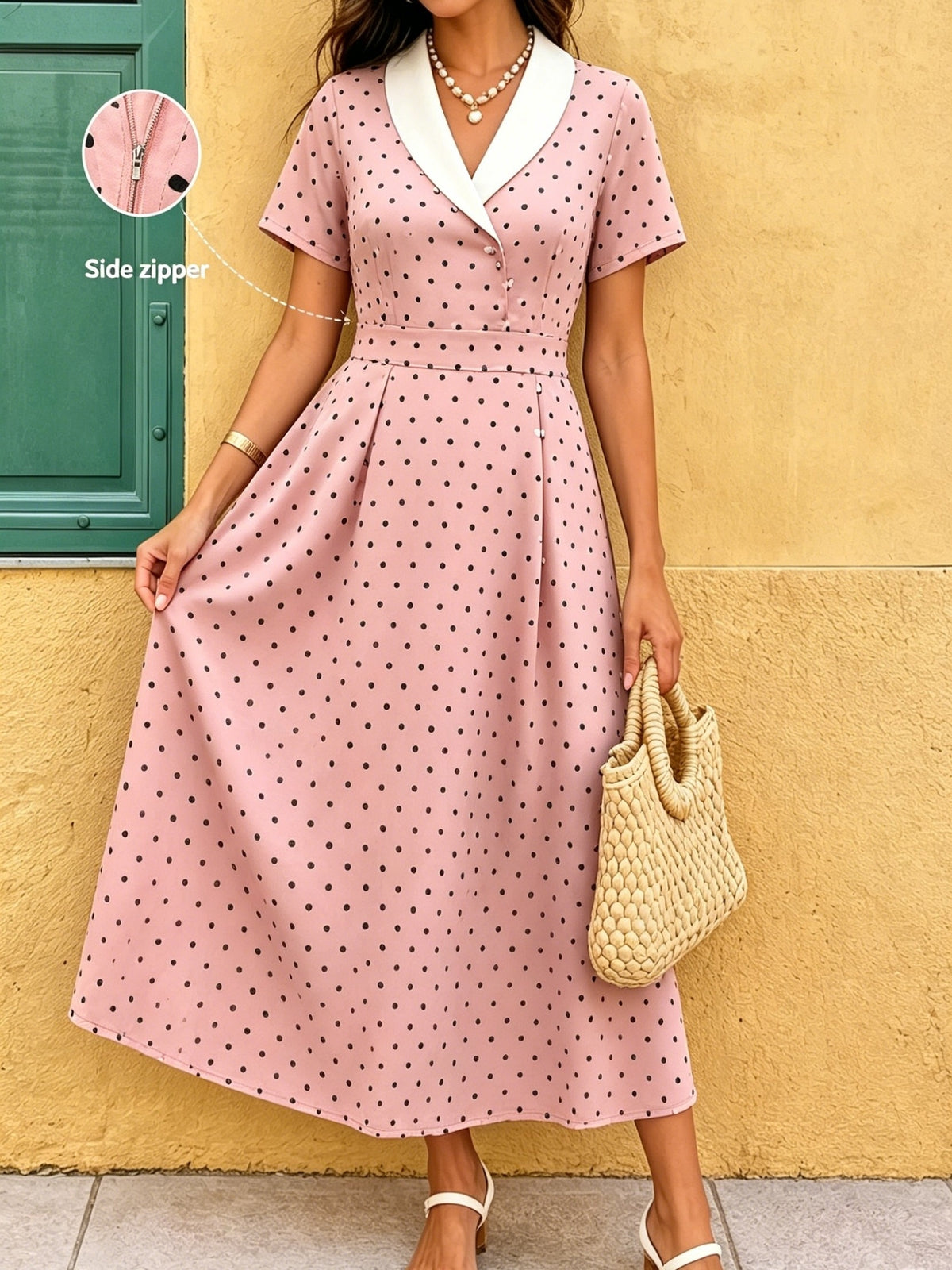 Robe midi grande taille — Imprimé à pois et revers blancs