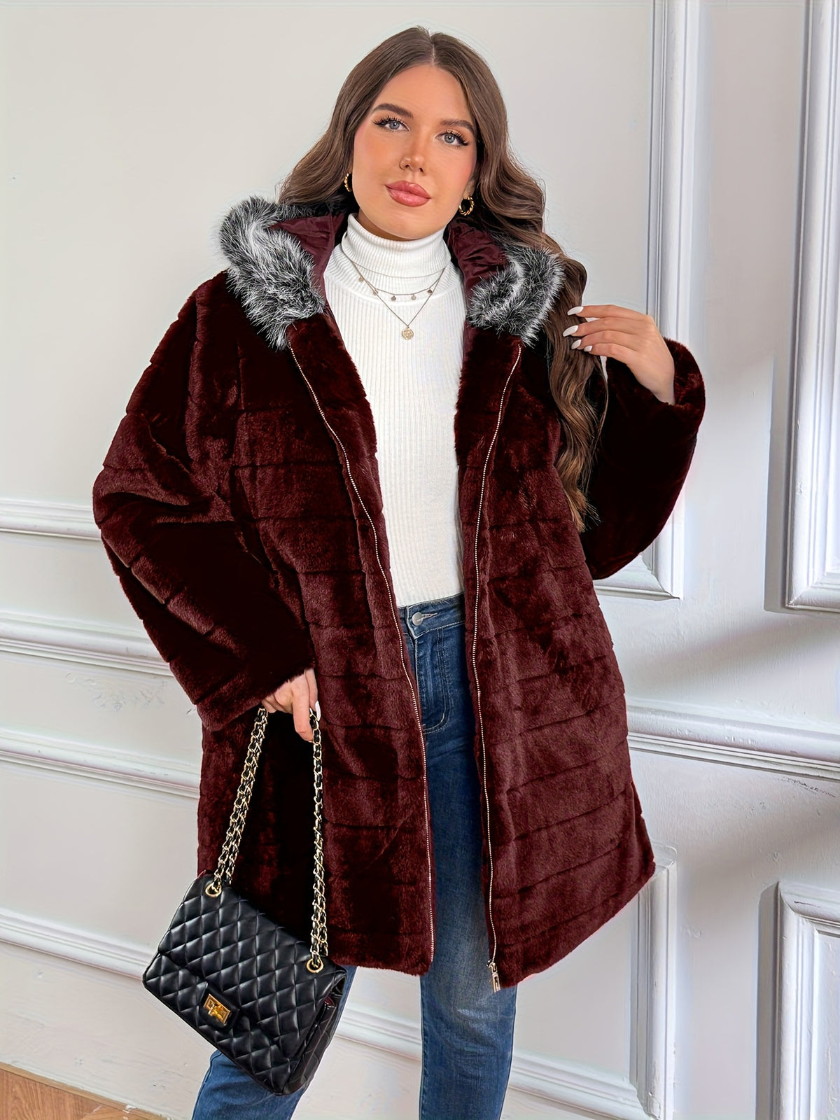 Manteau grande taille, capuche, poches pratiques, chaleur d'hiver, gros plan
