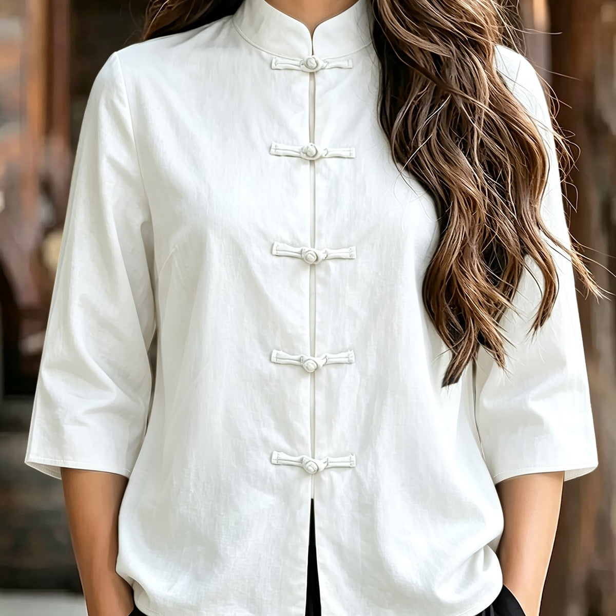 Chemise grande taille, dentelle contrastée, manches longues, toutes saisons — matière : polyester Image